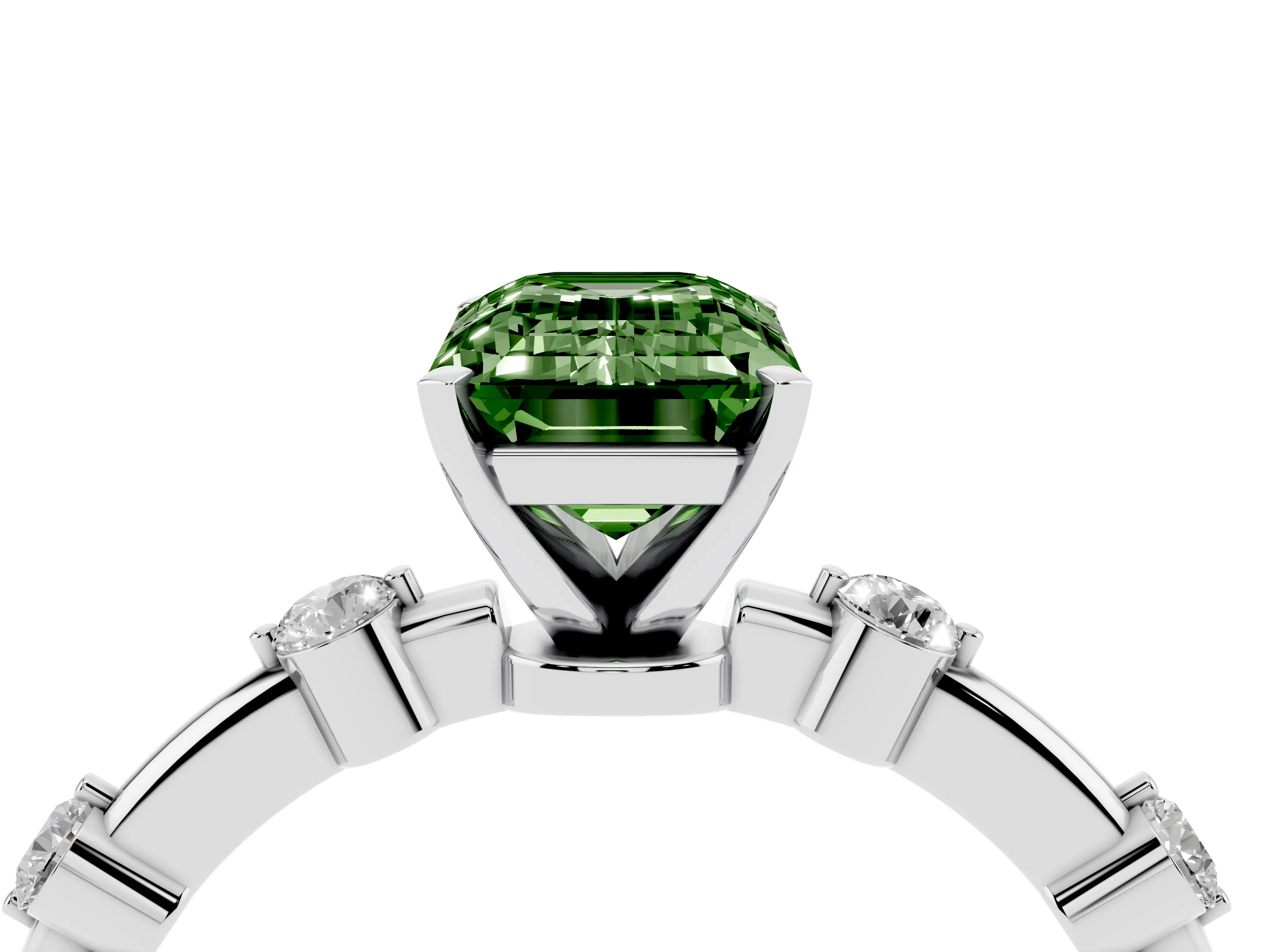 Fancy Green Emerald Cut Diamond Solitaire Ring Set in White gold with Bezel Set Side Stones and Prong Setting