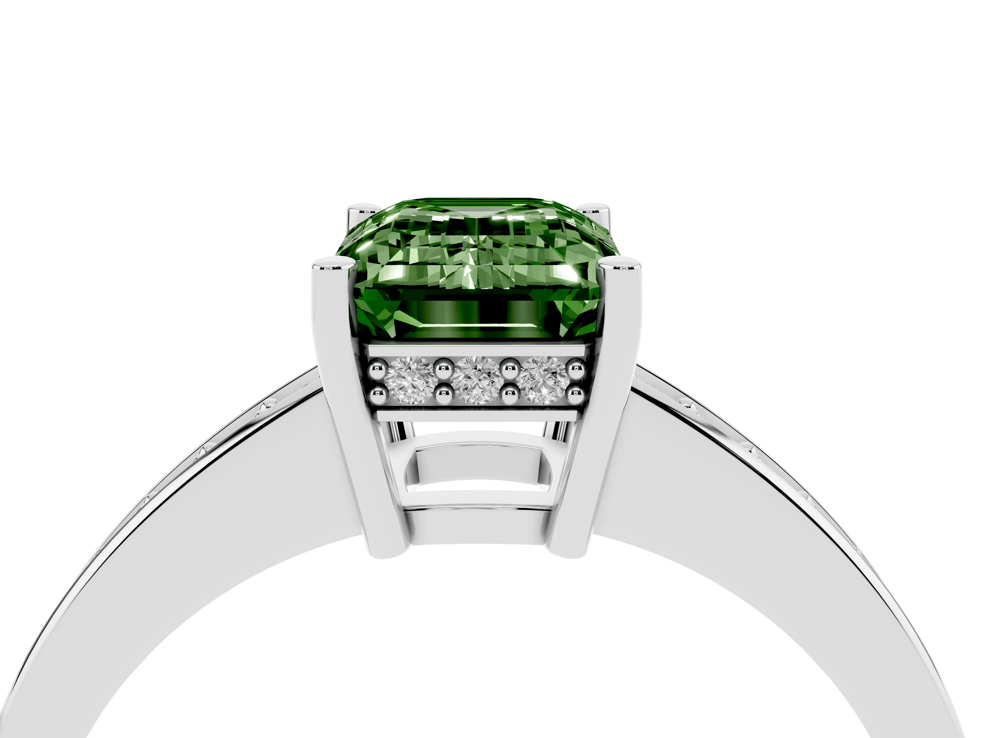 Fancy Green Emerald Cut Diamond Pavé Band Prong Set Solitaire Ring Set in White gold