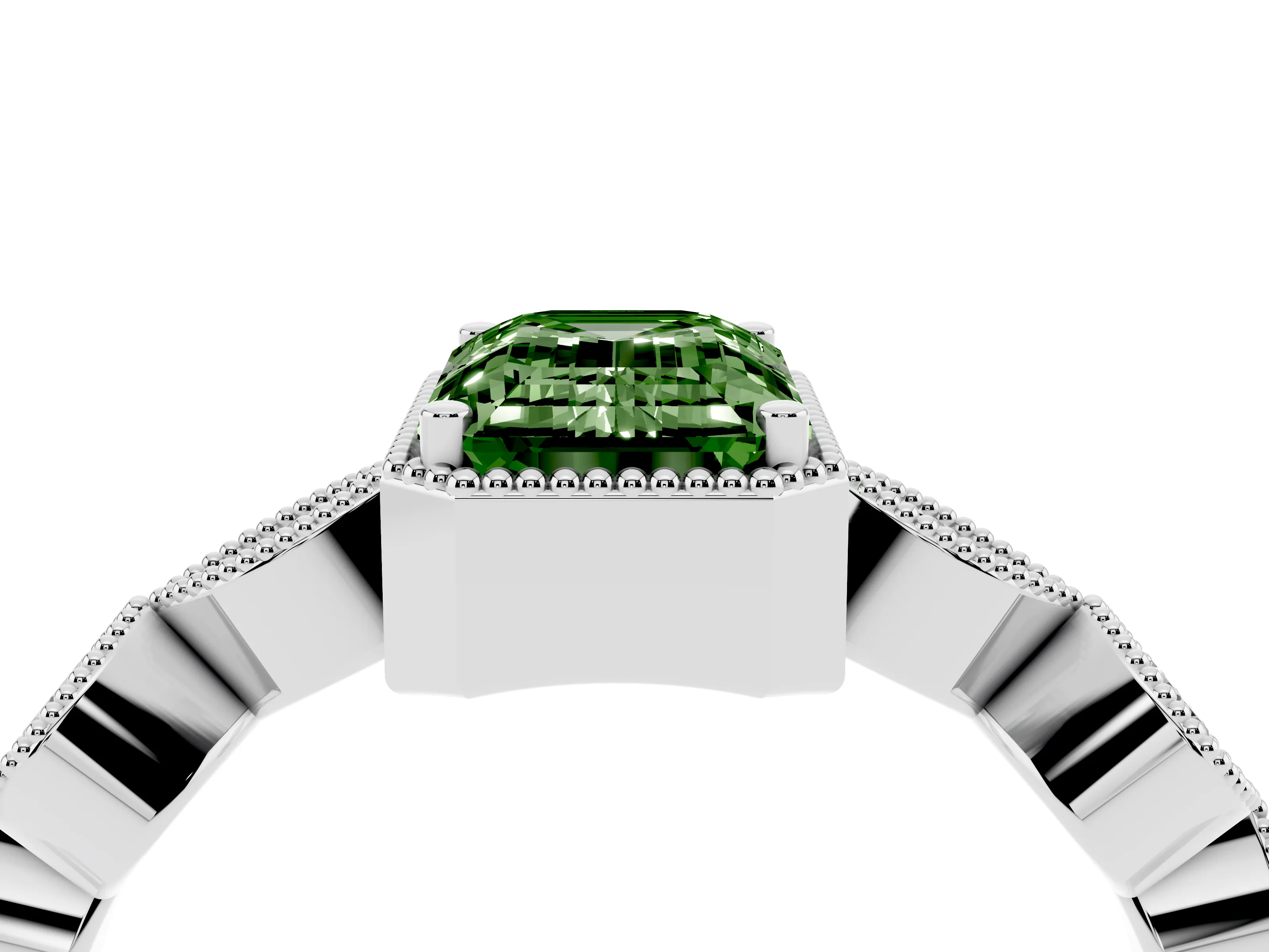 Fancy Green Emerald Cut Diamond Vintage-Inspired Milgrain Ring Set in White gold with Marquise Stations of Round Accents