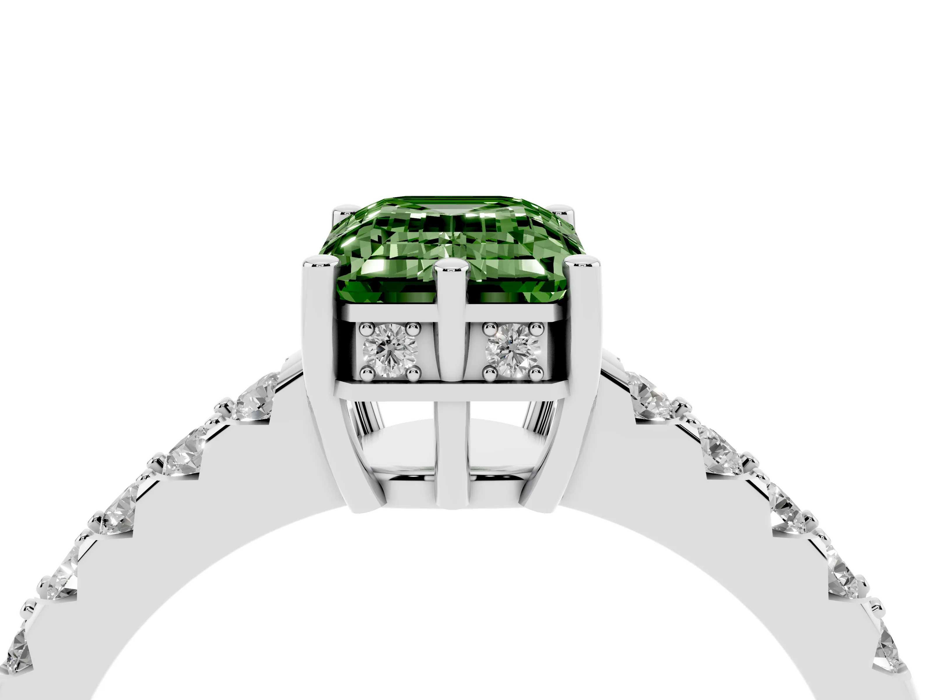 Fancy Green Emerald Cut Diamond Solitaire Engagement Ring Set in White gold with Pavé Band and Prong Setting