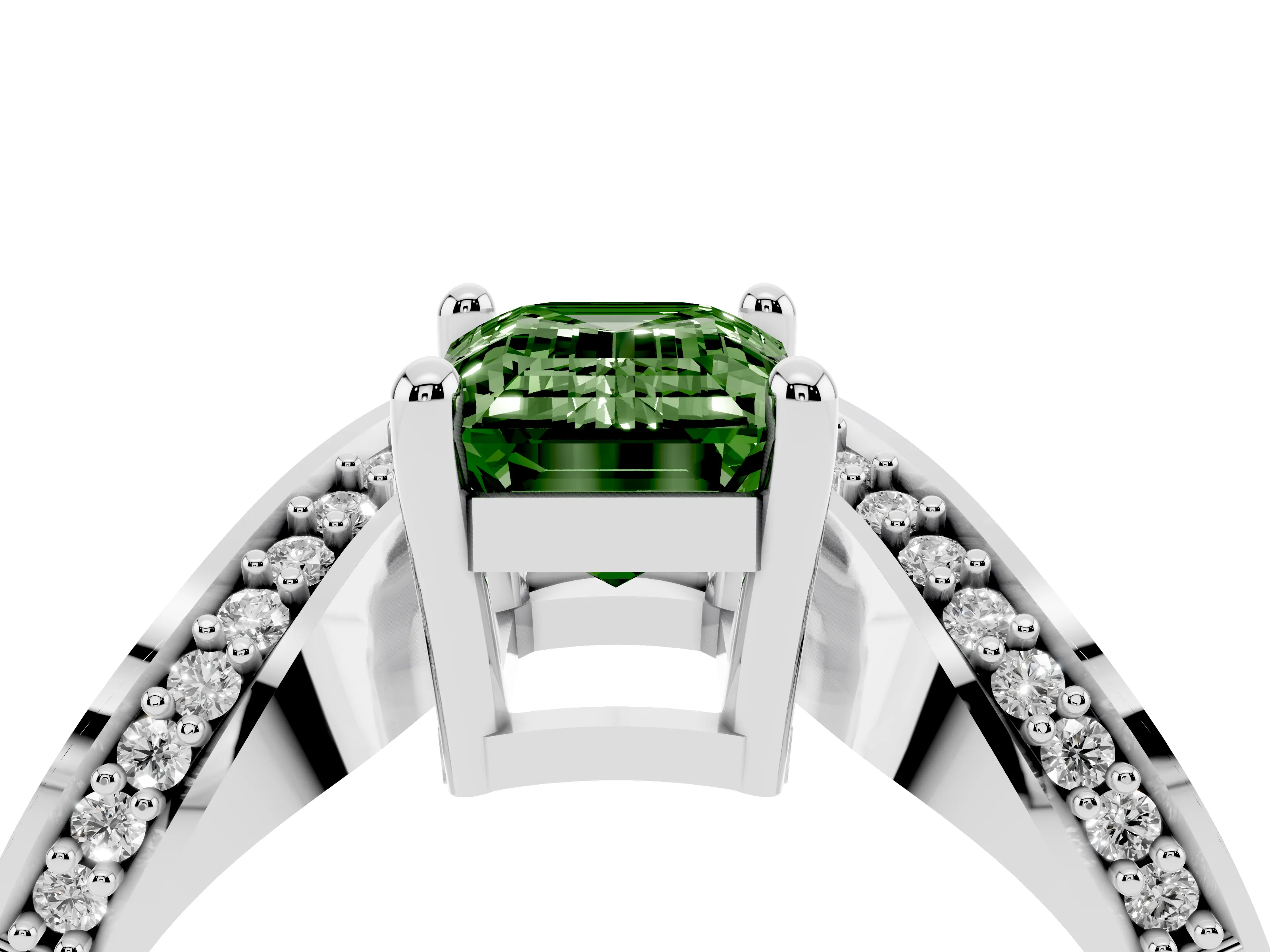 Fancy Green Emerald Cut Diamond Solitaire Engagement Ring Set in Silver with Pavé Shoulders