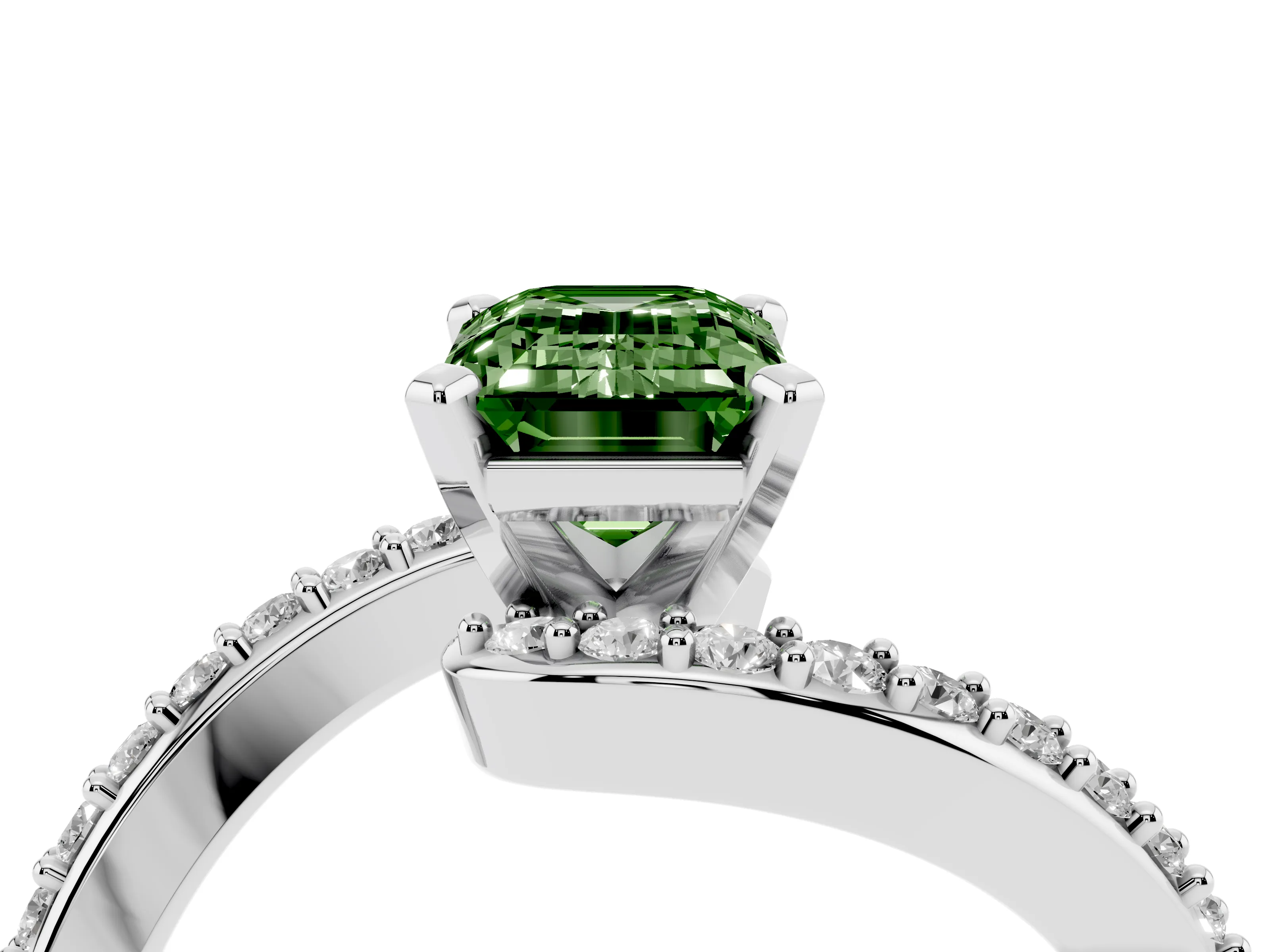 Fancy Green Emerald Cut Diamond Solitaire Ring Set in White gold with Pavé Twist Band and Prong Setting
