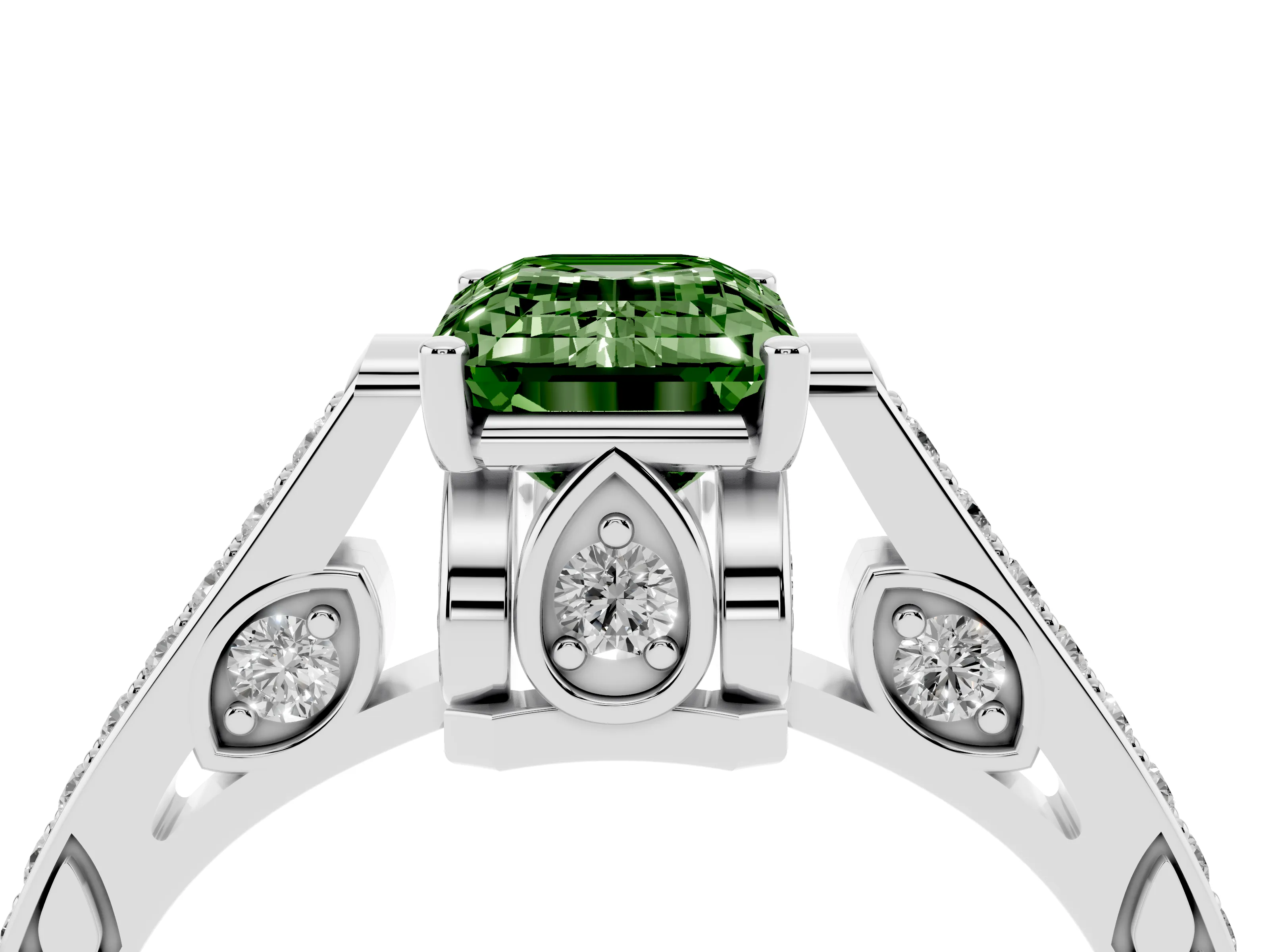 Fancy Green Emerald Cut Diamond Cathedral Pavé Engagement Ring Set in Silver with Prong Setting