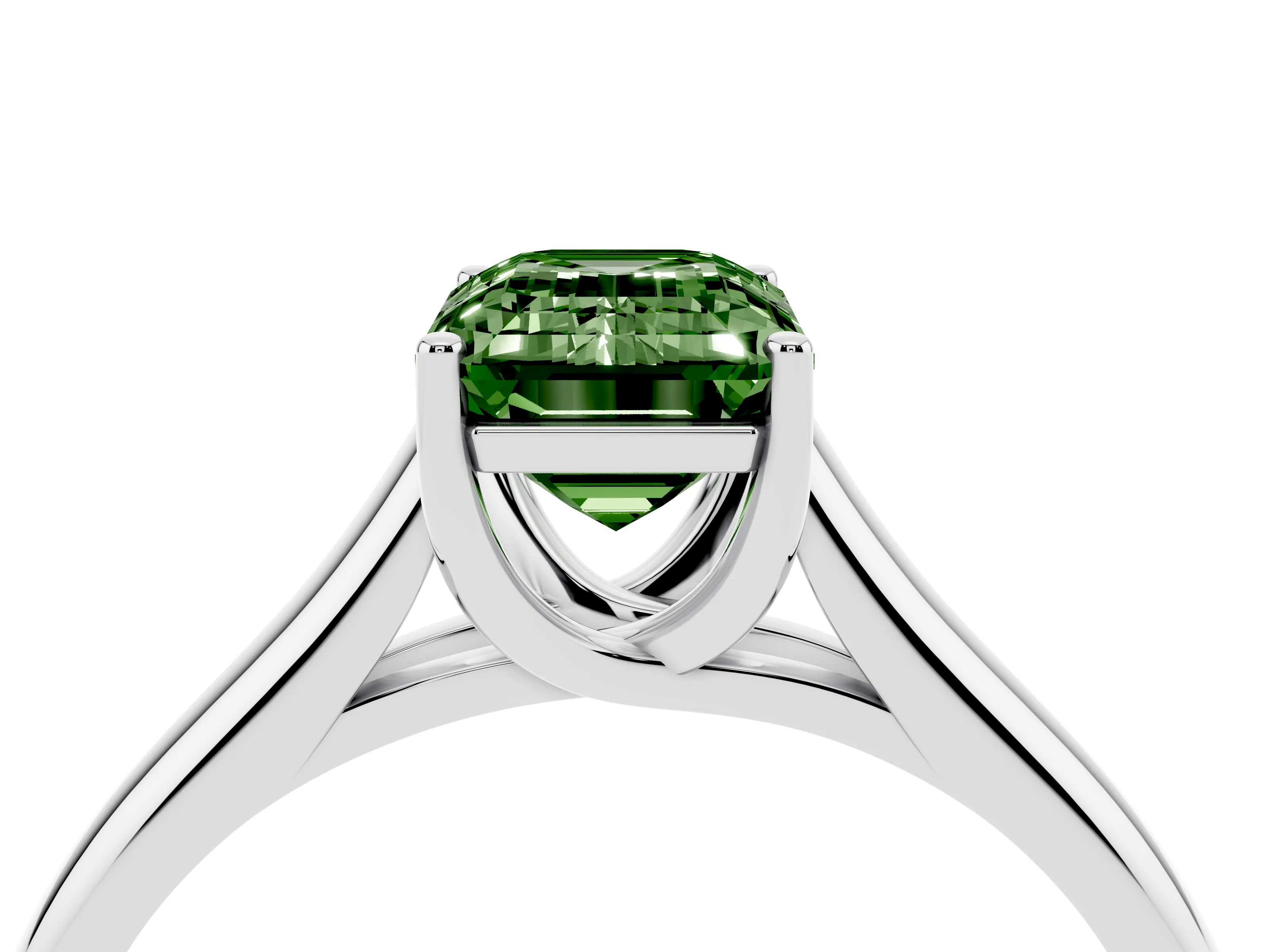 Fancy Green Emerald Cut Diamond Solitaire Engagement Ring Set in White gold with Subtly Tapered Band and Prong Setting
