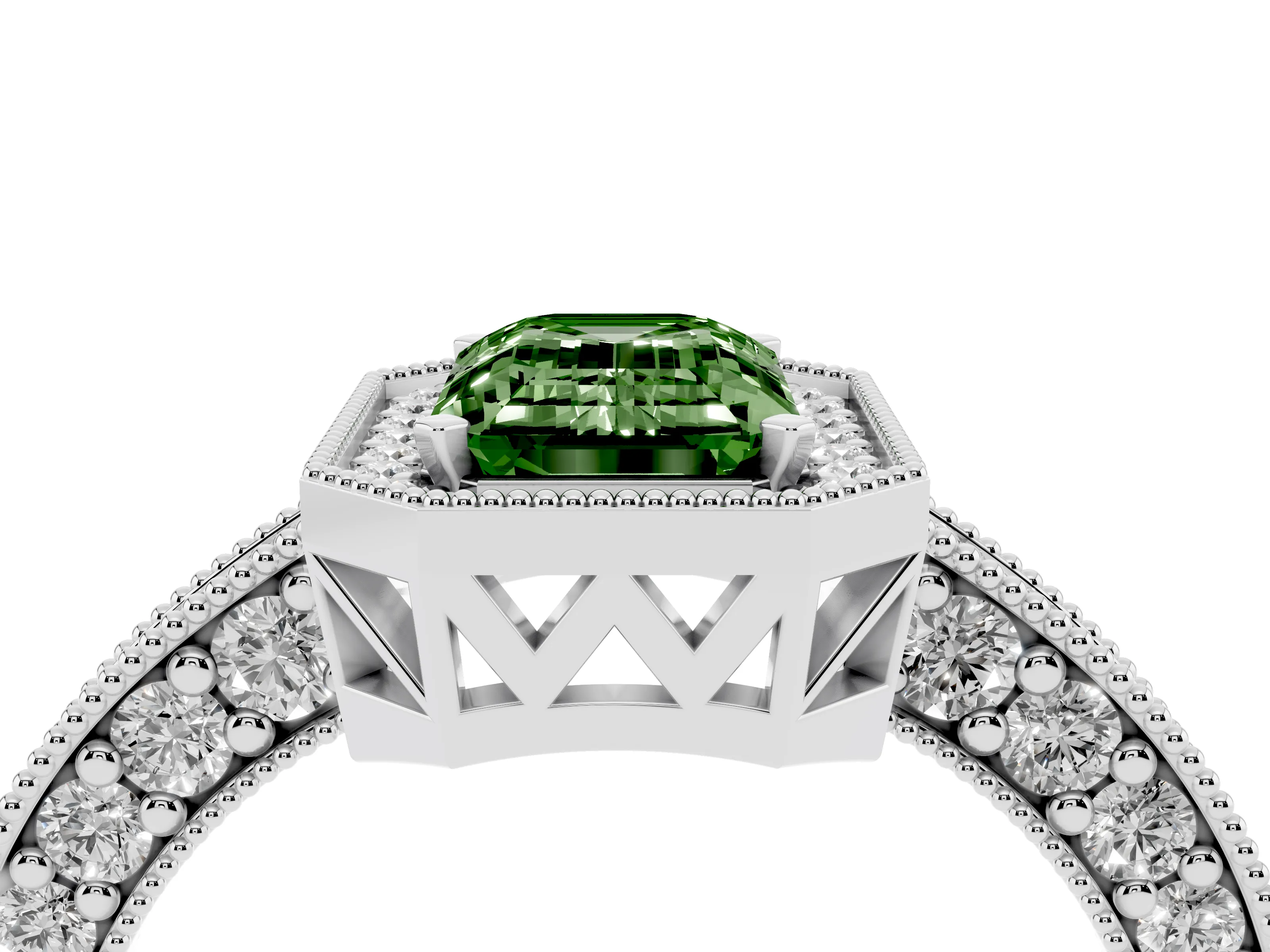 Fancy Green Emerald Cut Diamond Halo Pavé Band Ring Set in Platinum with Prong-Set Center