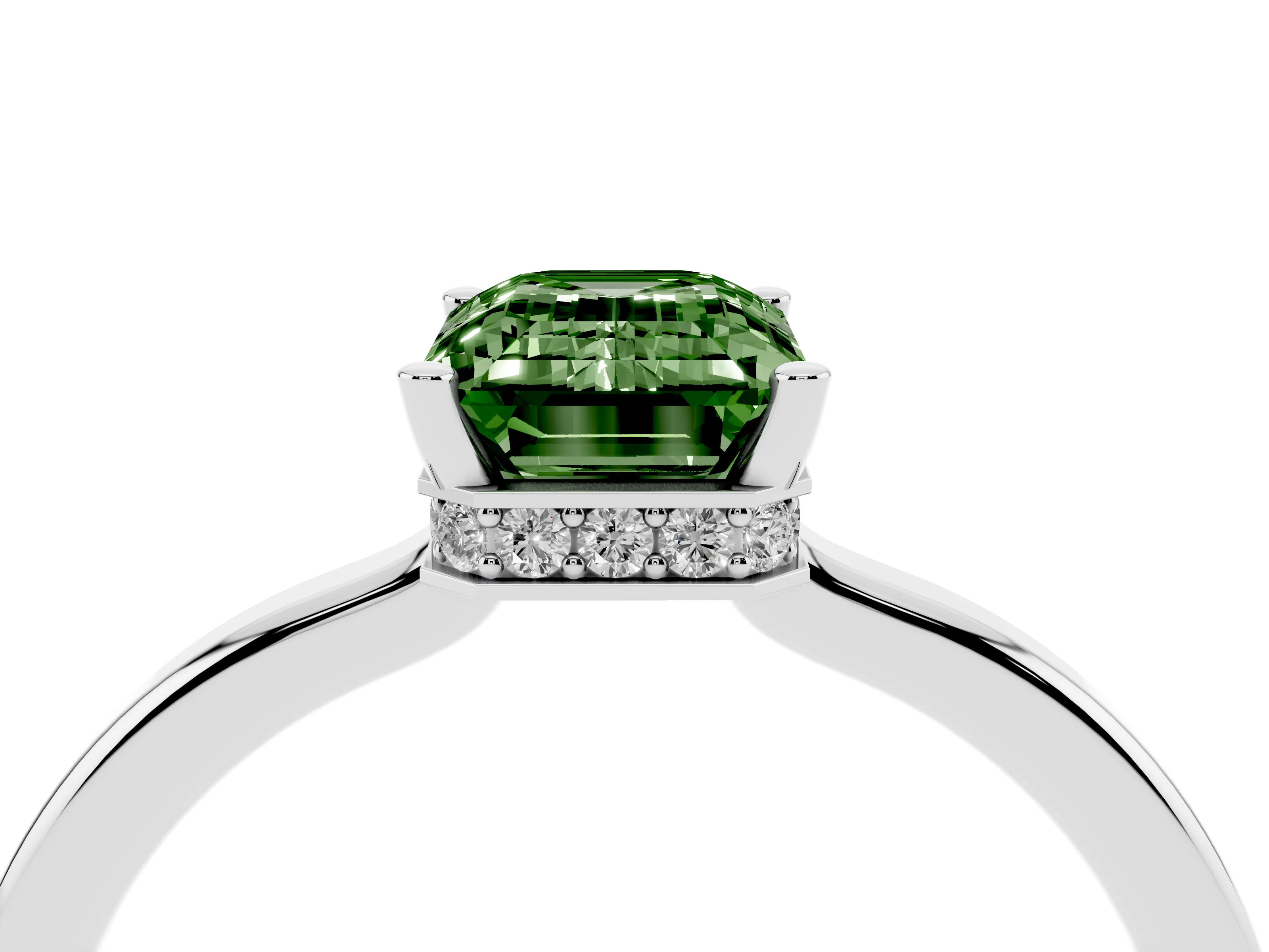 Fancy Green Emerald Cut Diamond Solitaire Engagement Ring Set in Platinum with Prong Setting on a Plain Band