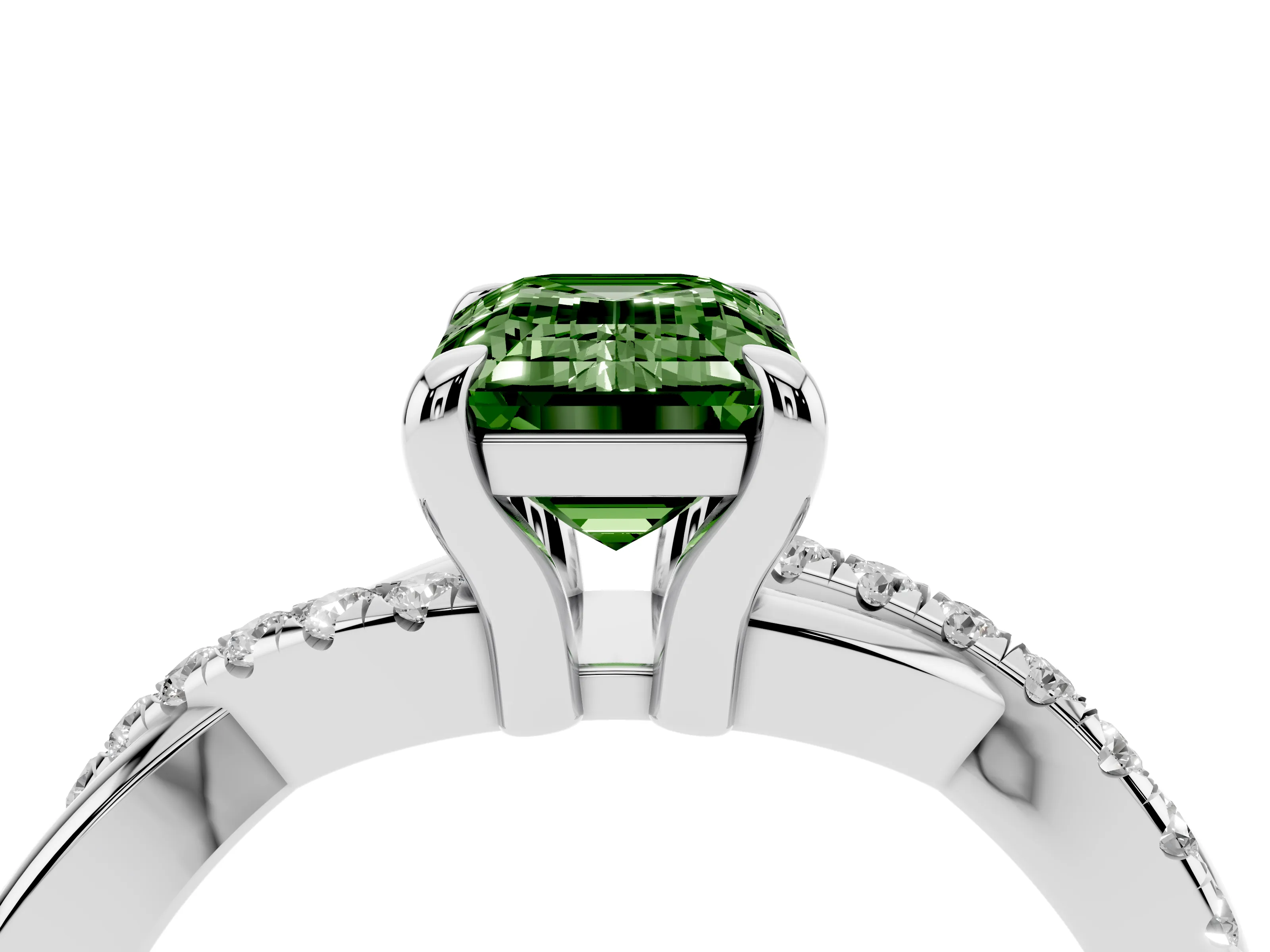 Fancy Green Emerald Cut Diamond Twist Band Solitaire Set in Platinum with Pavé Accents and Prong Setting