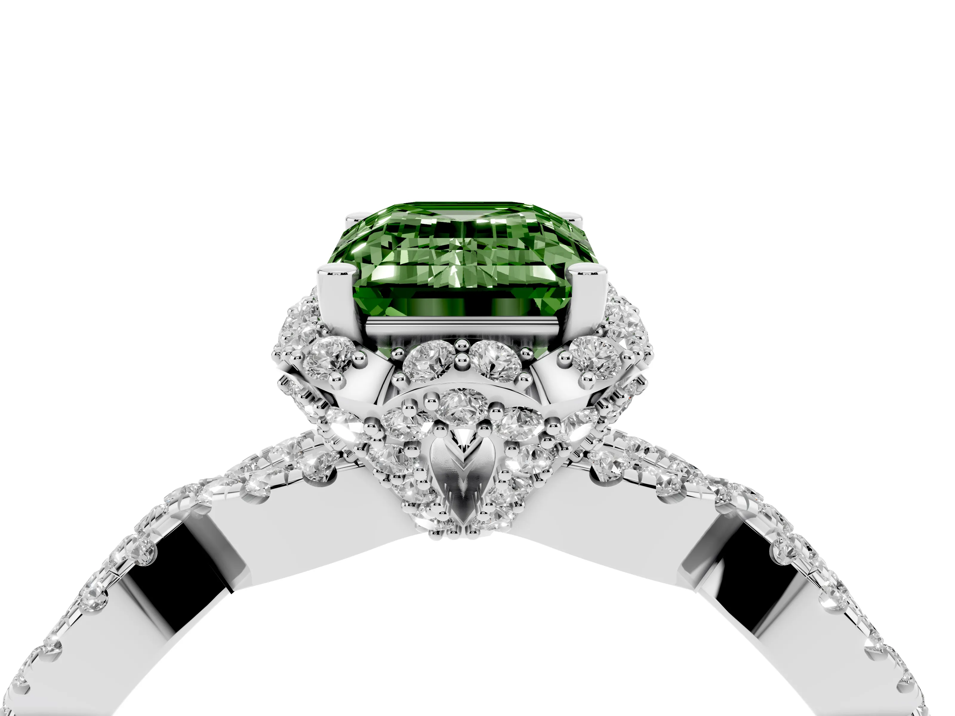 Fancy Green Emerald Cut Diamond Halo Twist Band Solitaire Ring Set in White gold with Prong-Set Center Stone