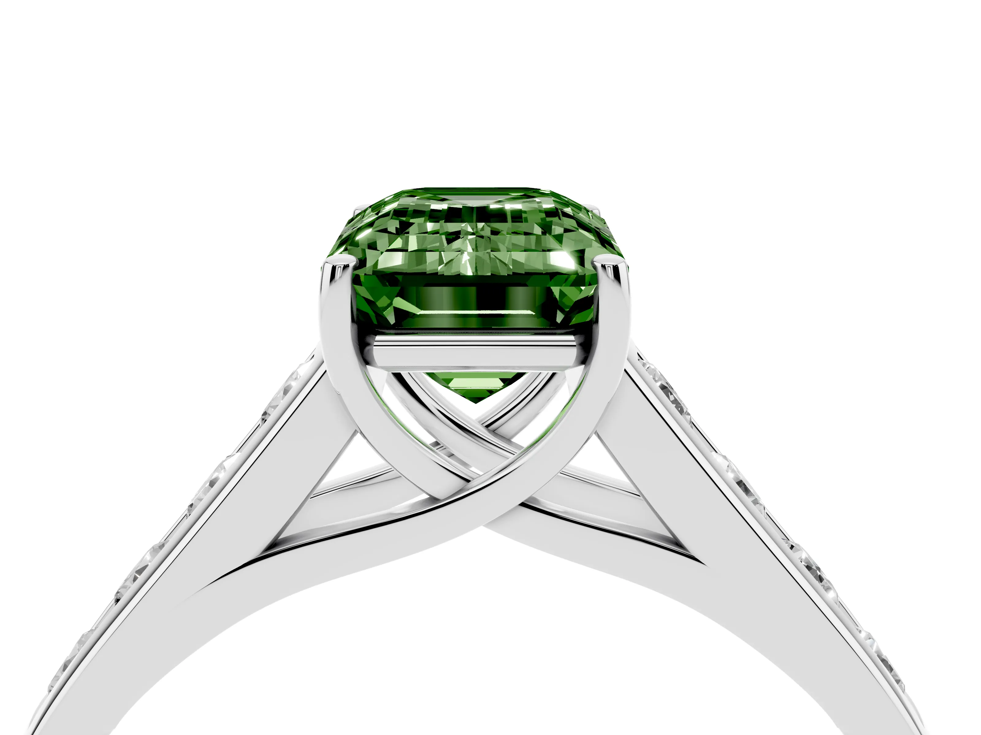 Fancy Green Emerald Cut Diamond Solitaire Channel-Set Engagement Ring Set in White gold with Prong Setting