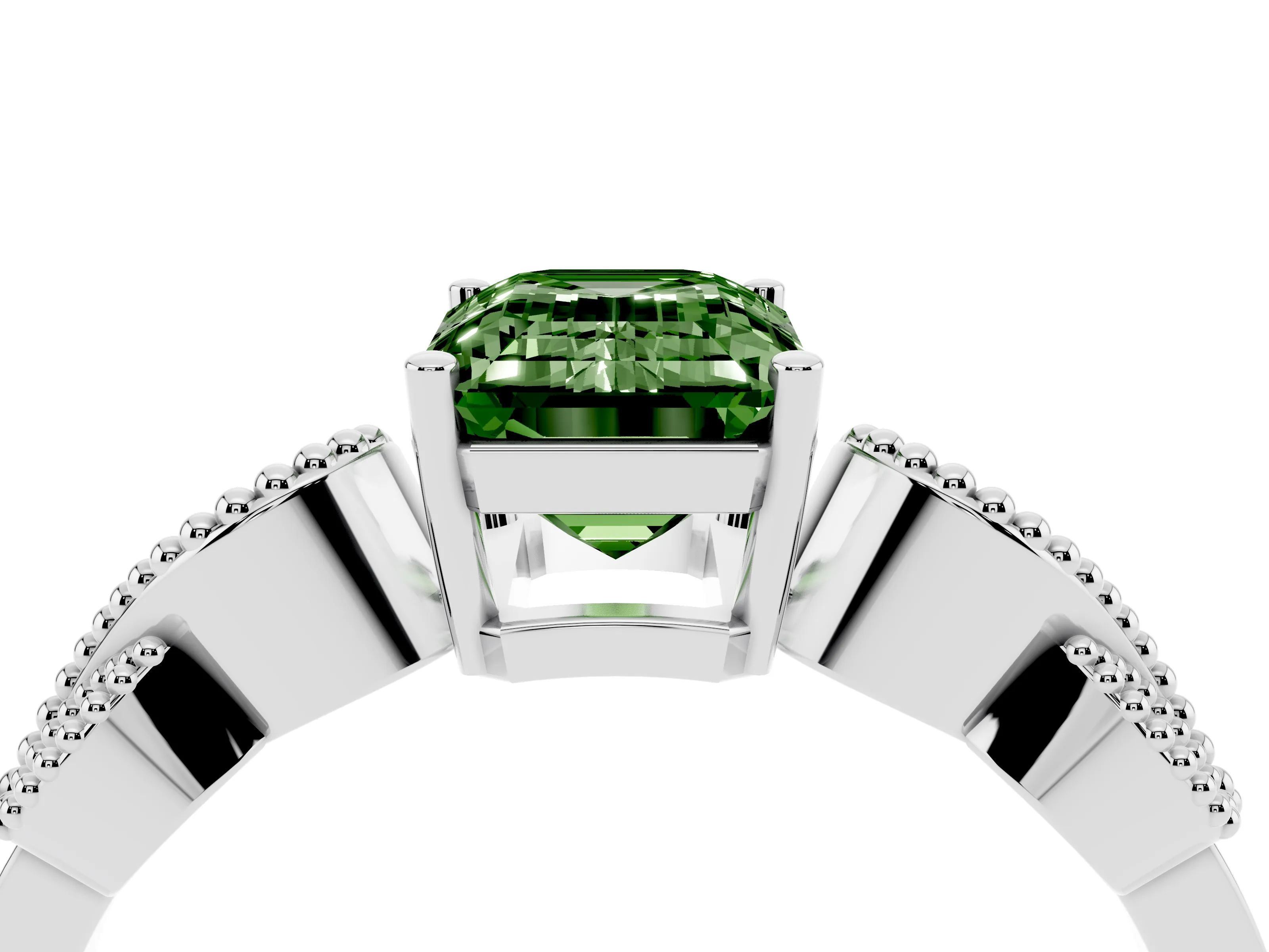 Fancy Green Emerald Cut Diamond Milgrain Leaf Band Solitaire Ring Set in White gold with Accent Stones and Prong Setting