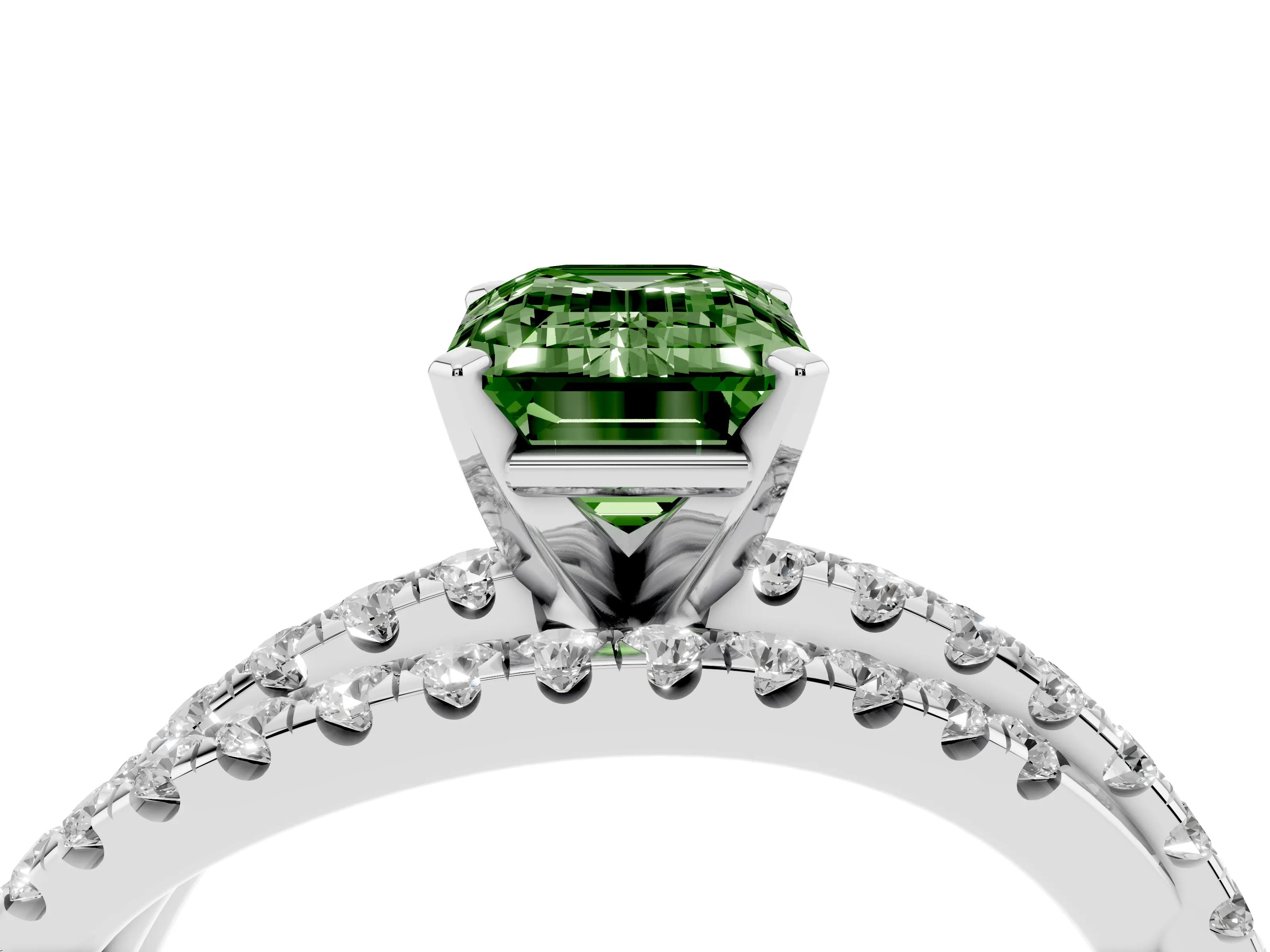 Fancy Green Emerald Cut Diamond Solitaire Twist Band Ring Set in Silver with Pavé Setting and Prong Head