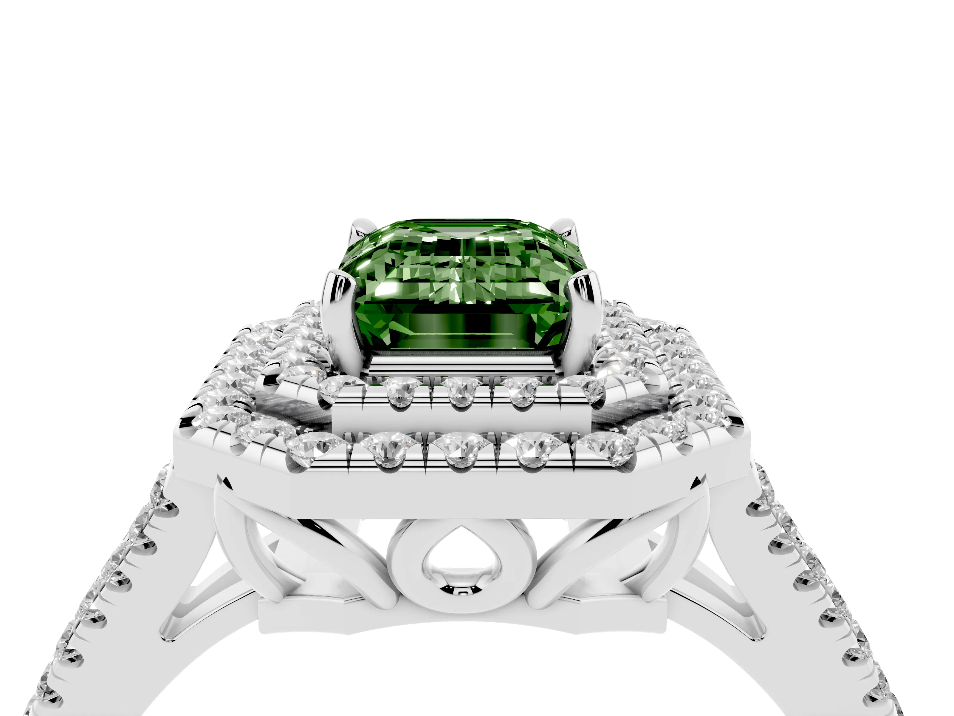 Fancy Green Emerald Cut Diamond Double Halo Ring Set in Silver with Pavé Band