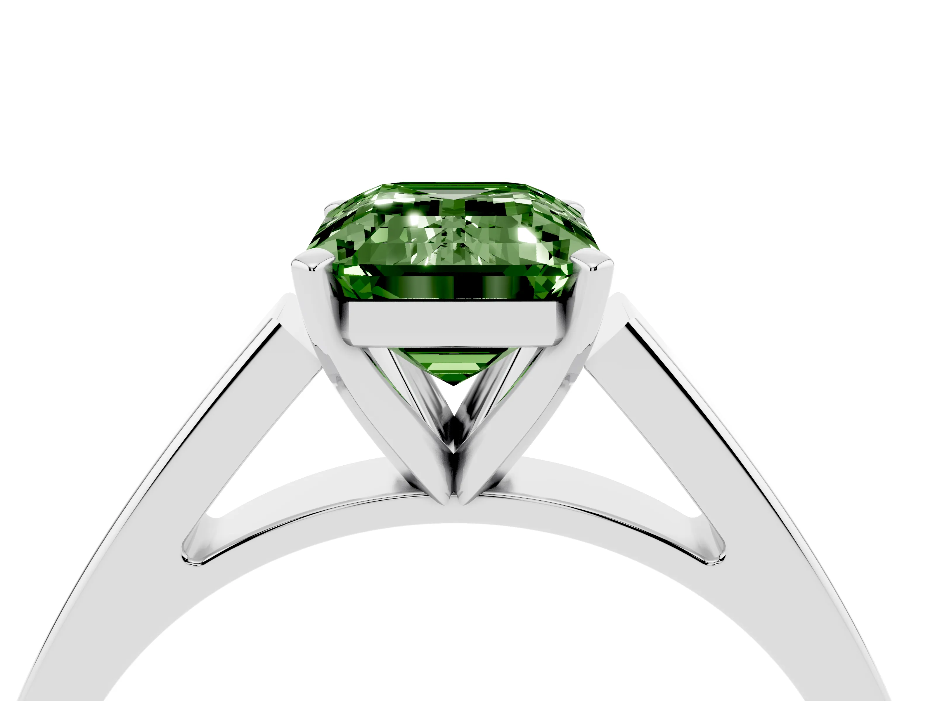 Fancy Green Emerald Cut Diamond Solitaire Engagement Ring Set in Platinum with Prong Setting and Tapered Band