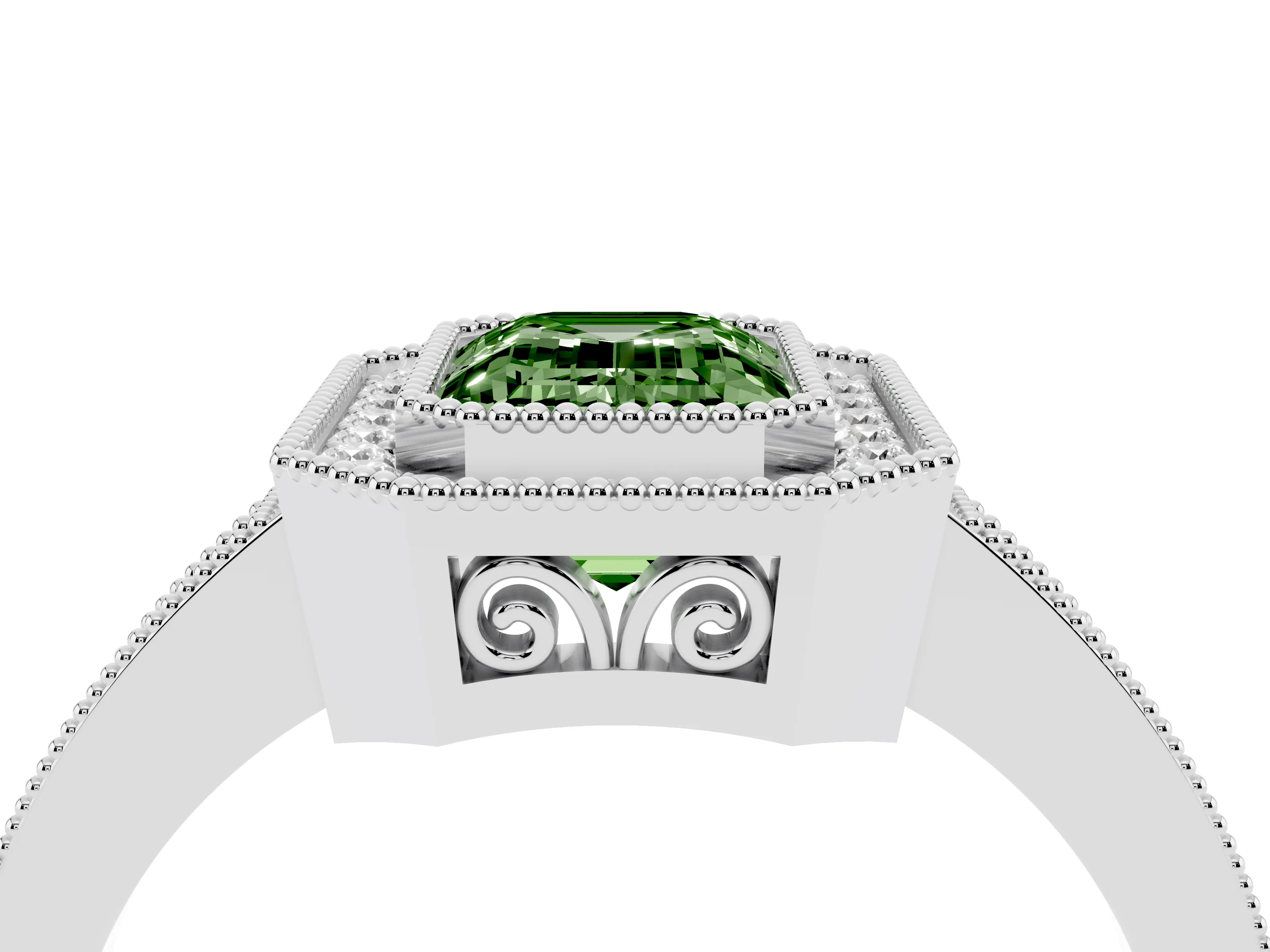 Fancy Green Emerald Cut Diamond Halo Ring Set in White gold with Pavé Band and Milgrain-Edged Prongs