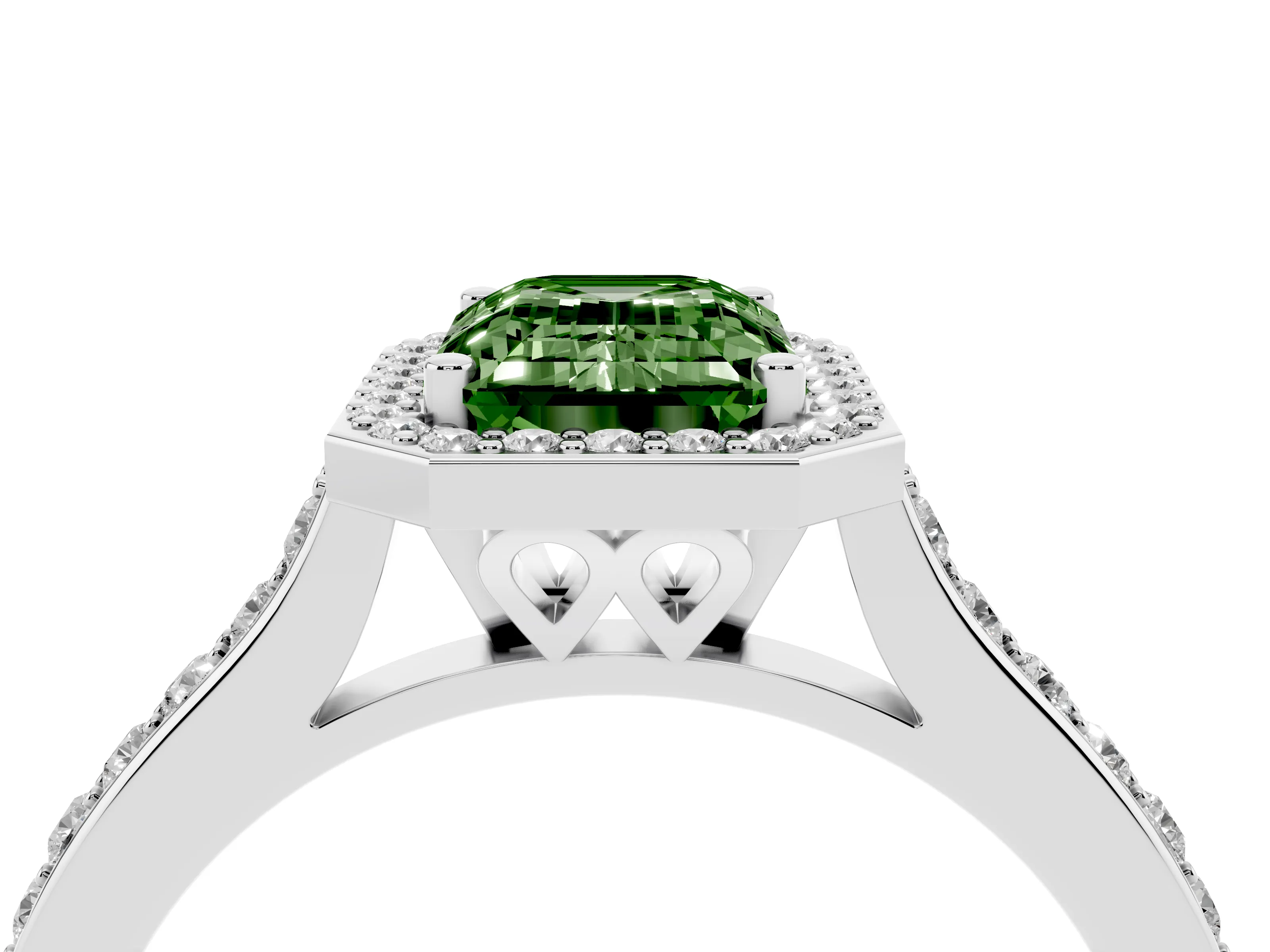 Fancy Green Emerald Cut Diamond Halo Engagement Ring Set in Platinum with Round Pavé Shoulders and Heart Gallery
