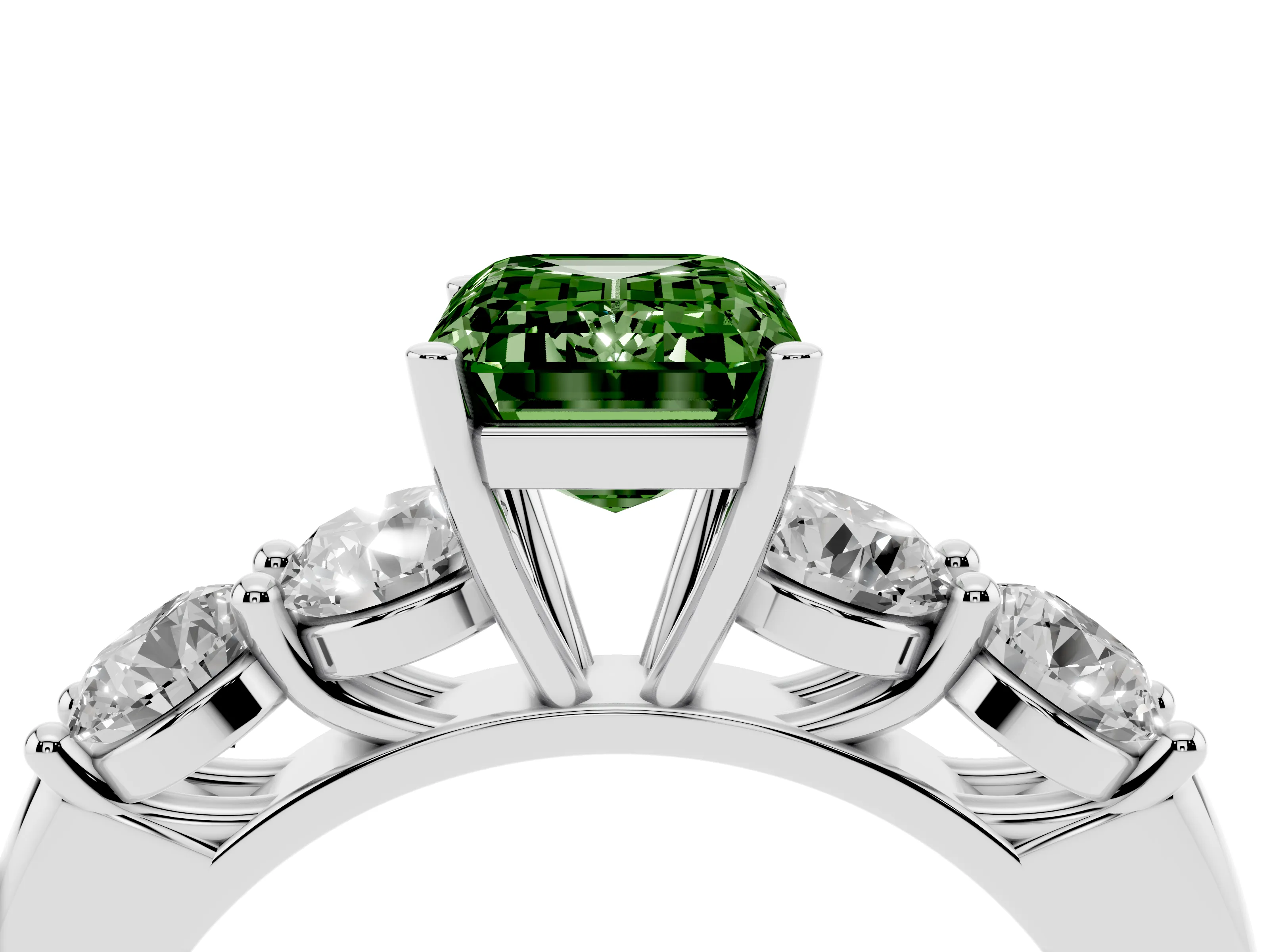 Fancy Green Emerald Cut Diamond Five-Stone Prong Set Ring Set in Silver with Classic Band