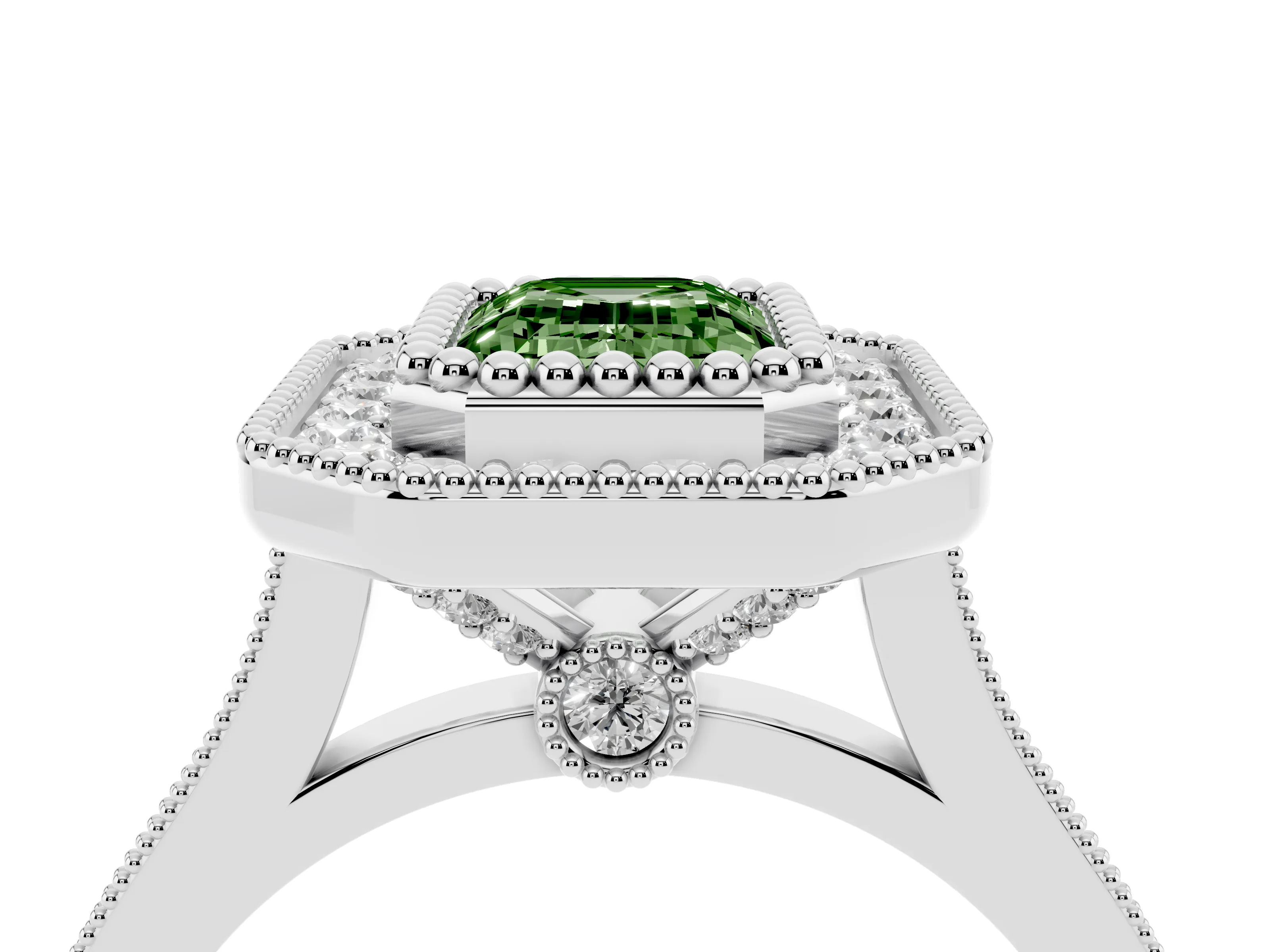 Fancy Green Emerald Cut Diamond Halo Ring Set in White gold with Milgrain Frame and Pavé Band