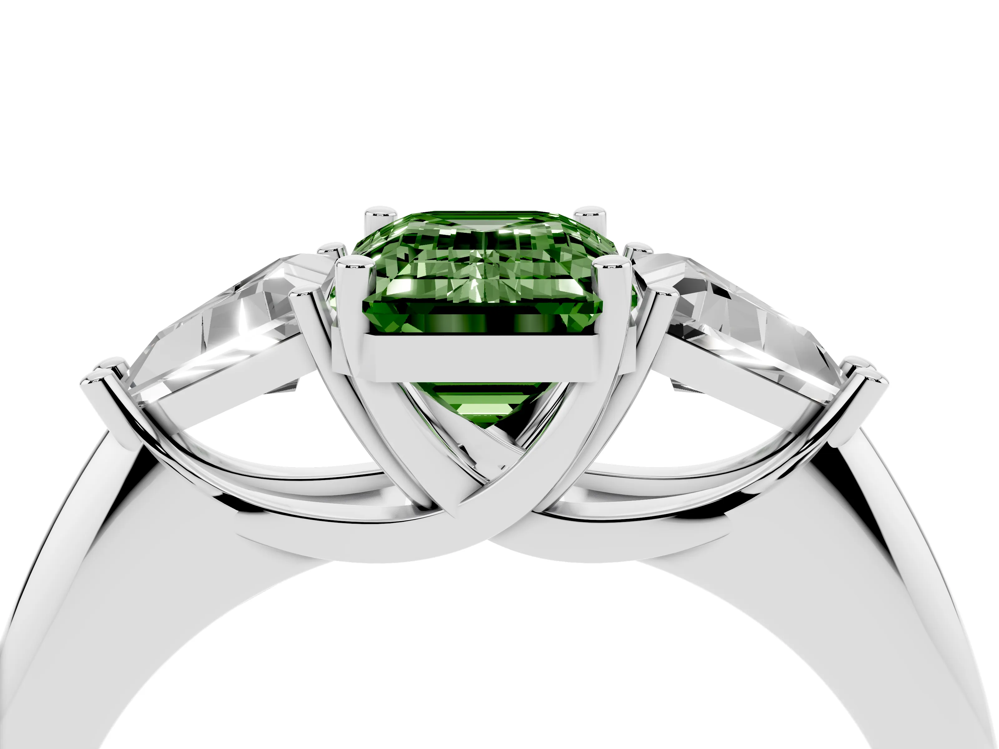 Fancy Green Emerald Cut Diamond Three-Stone Engagement Ring Set in Platinum with Trillion Side Stones