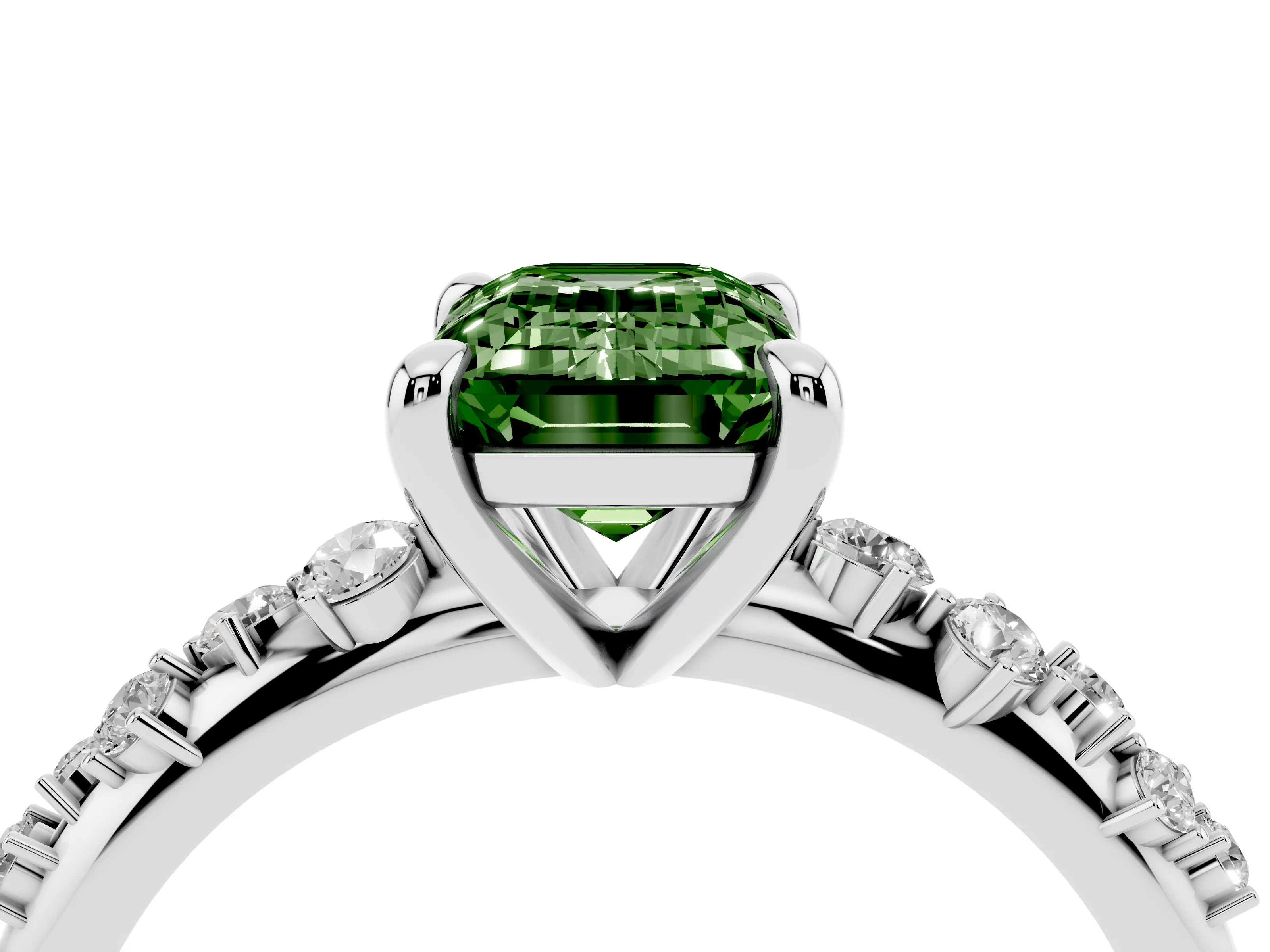 Fancy Green Emerald Cut Diamond Solitaire Vine Band Ring Set in White gold with Round Accents and Prong Setting