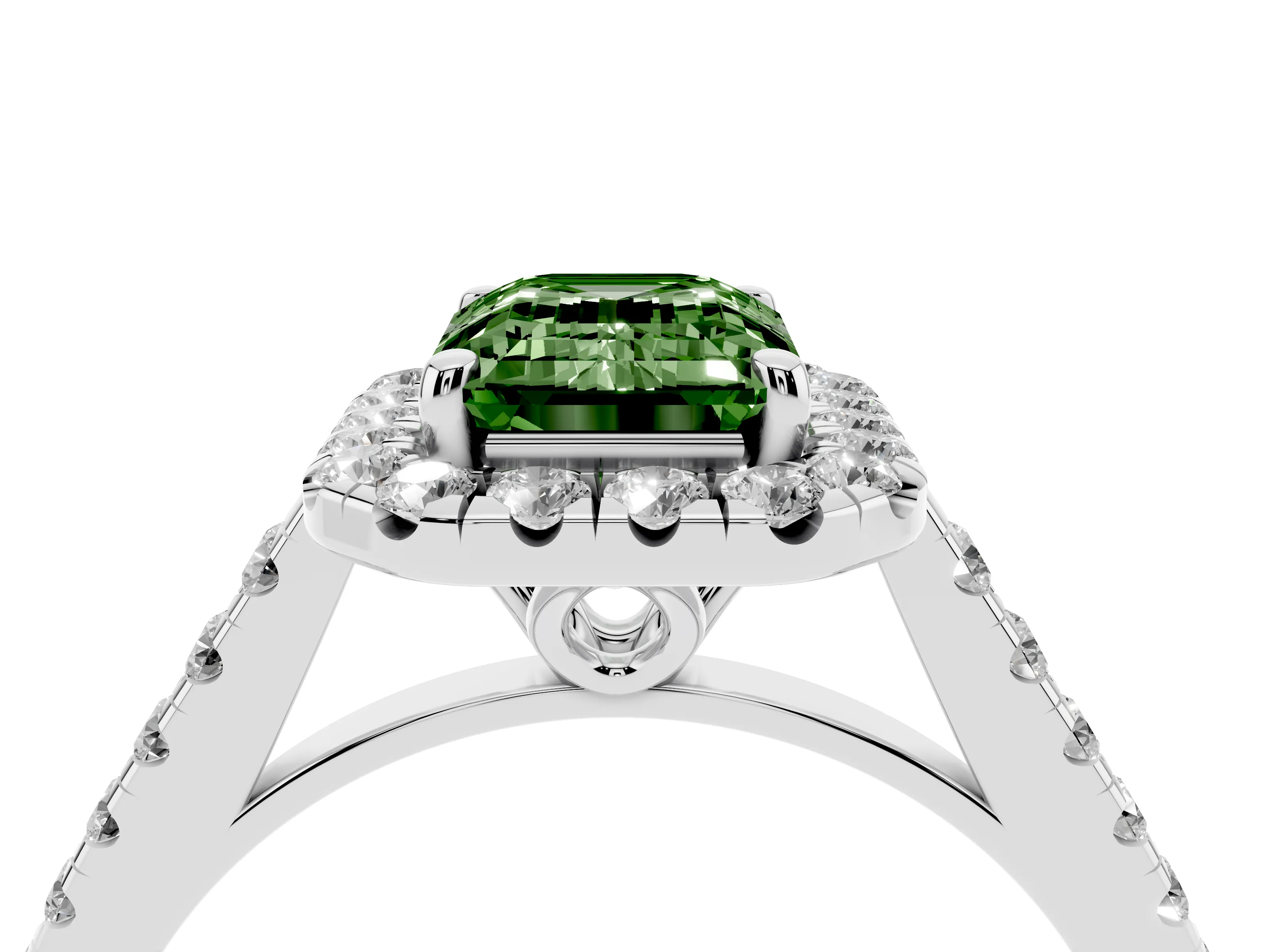 Fancy Green Emerald Cut Diamond Pavé Halo Engagement Ring Set in Platinum with Pavé Band and Prong Setting