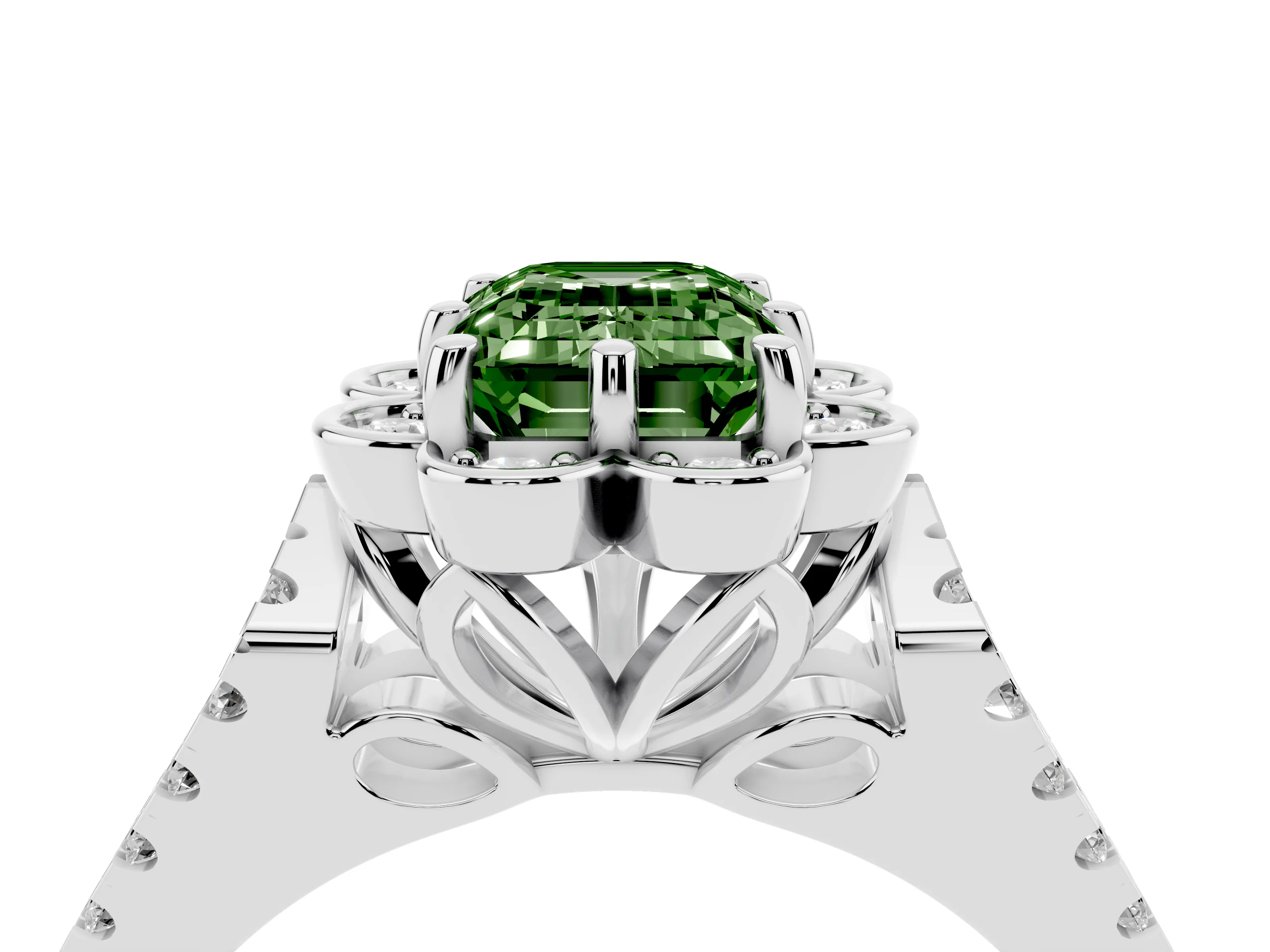 Fancy Green Emerald Cut Diamond Floral Halo Split Shank Engagement Ring Set in Silver with Pavé Shank