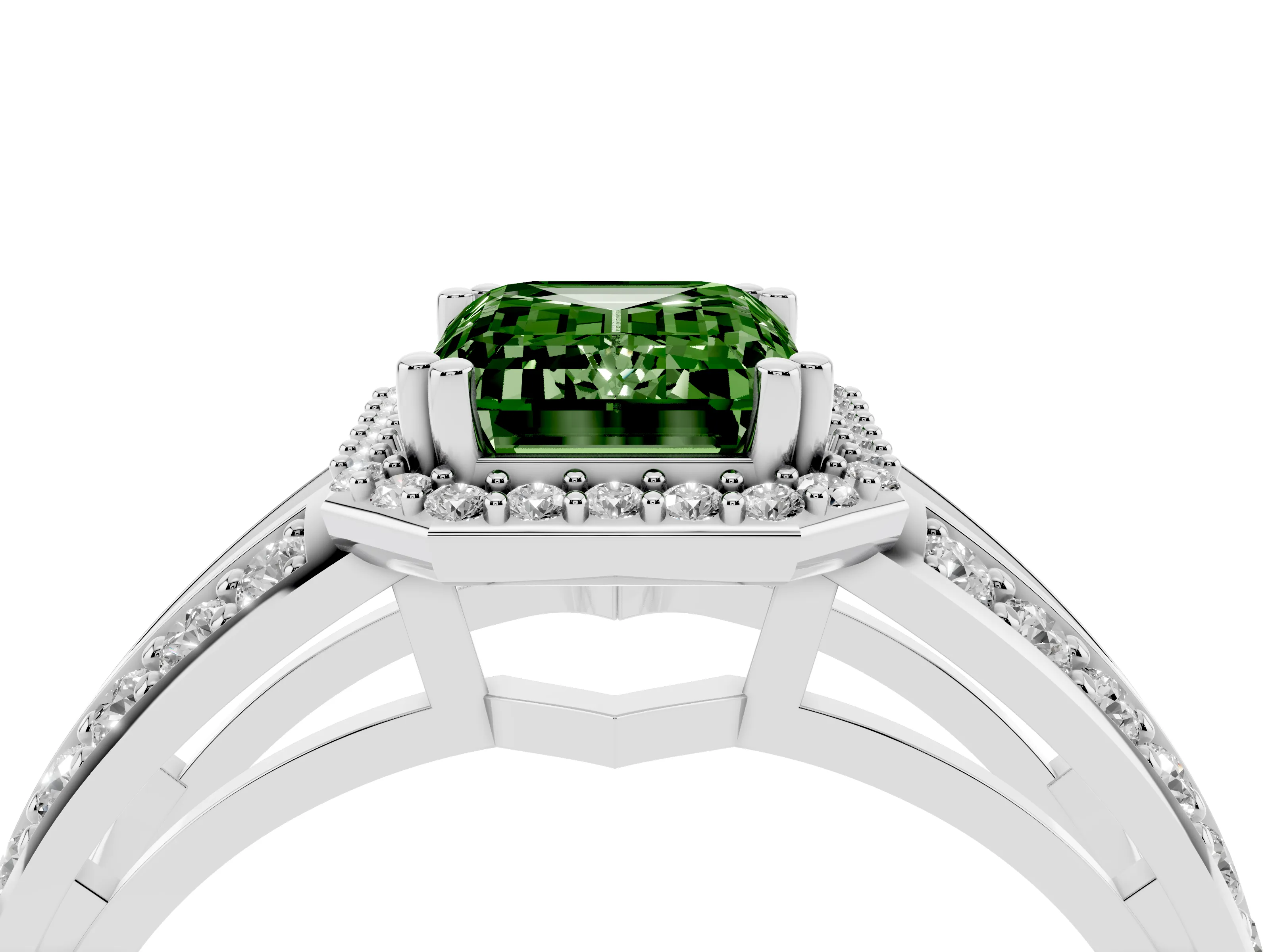 Fancy Green Emerald Cut Diamond Halo Ring Set in Platinum with Double Pavé Split Shank