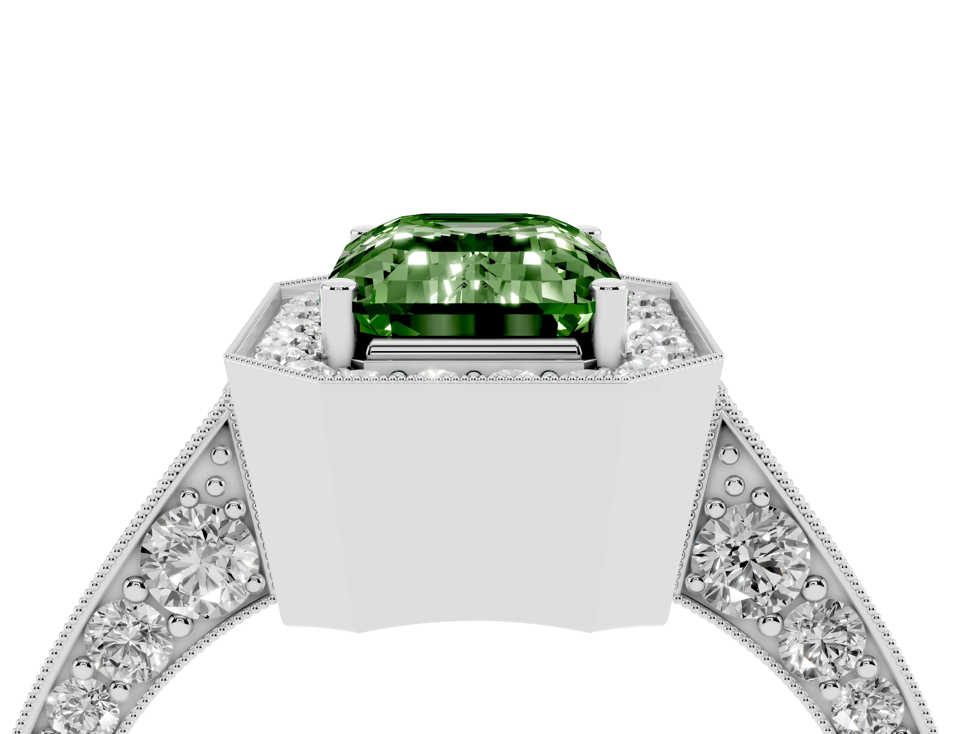 Fancy Green Emerald Cut Diamond Halo Engagement Ring Set in Platinum with Accent Split Shank Band