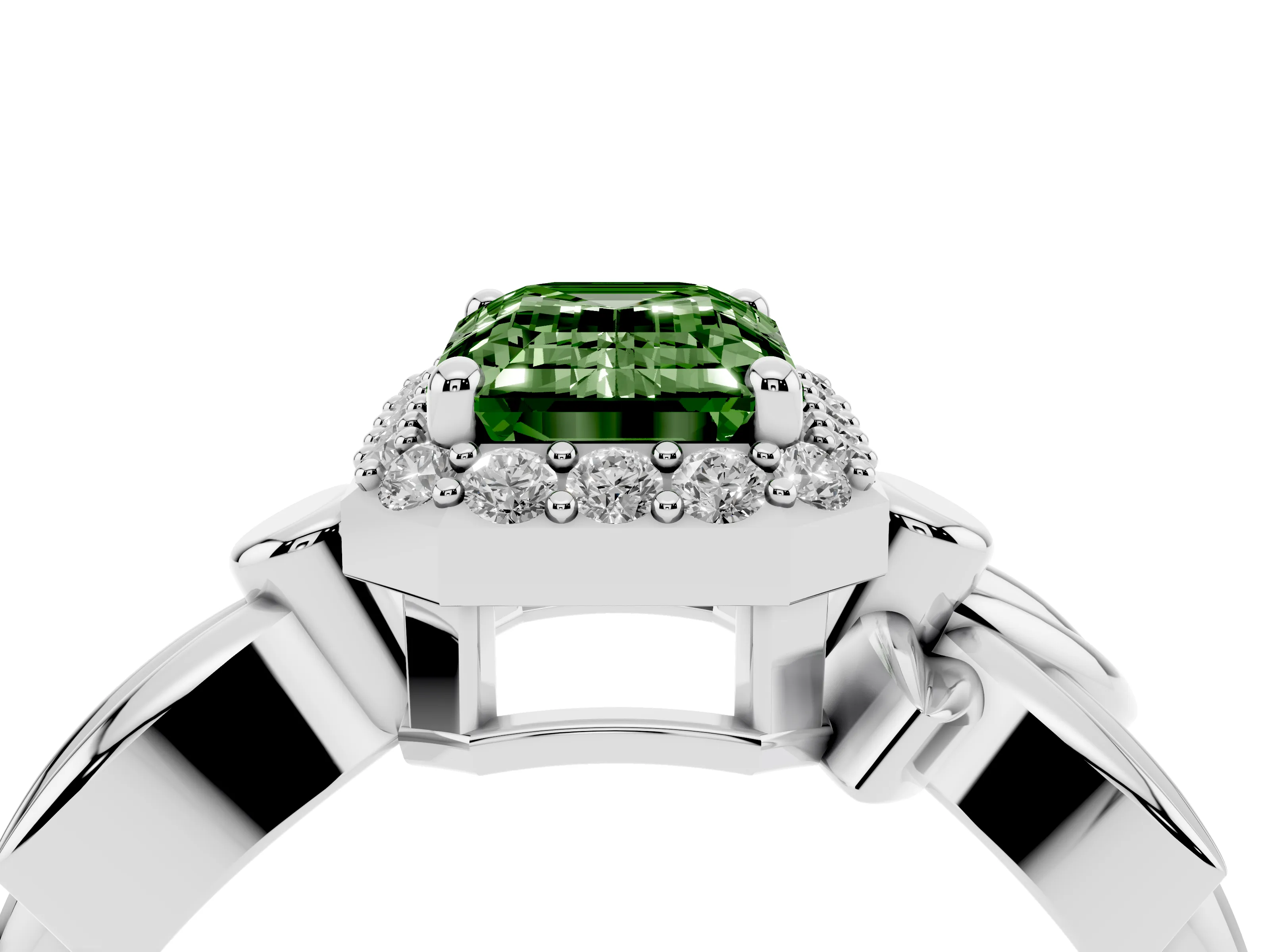 Fancy Green Emerald Cut Diamond Halo Floral Band Ring Set in White gold with Prong Setting