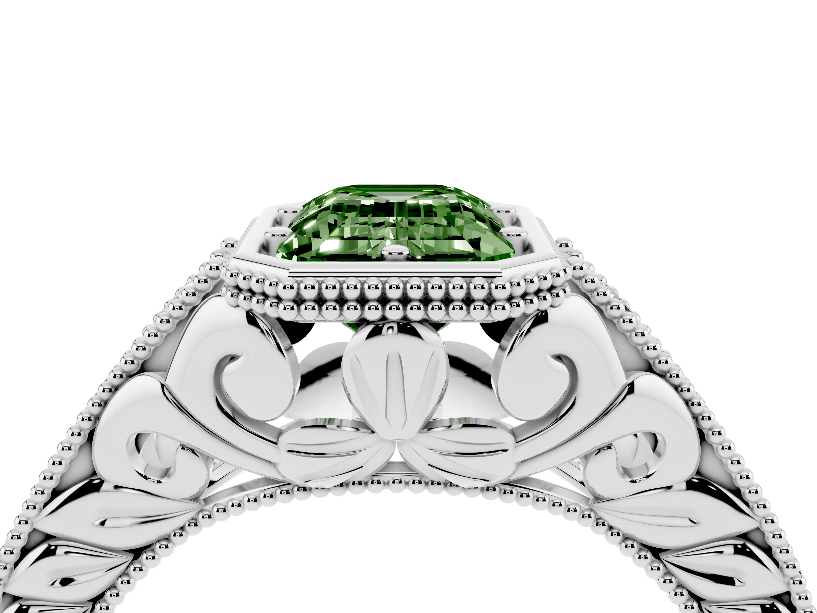 Fancy Green Bezel Set Emerald Cut Diamond Milgrain Pavé Engagement Ring Set in Silver