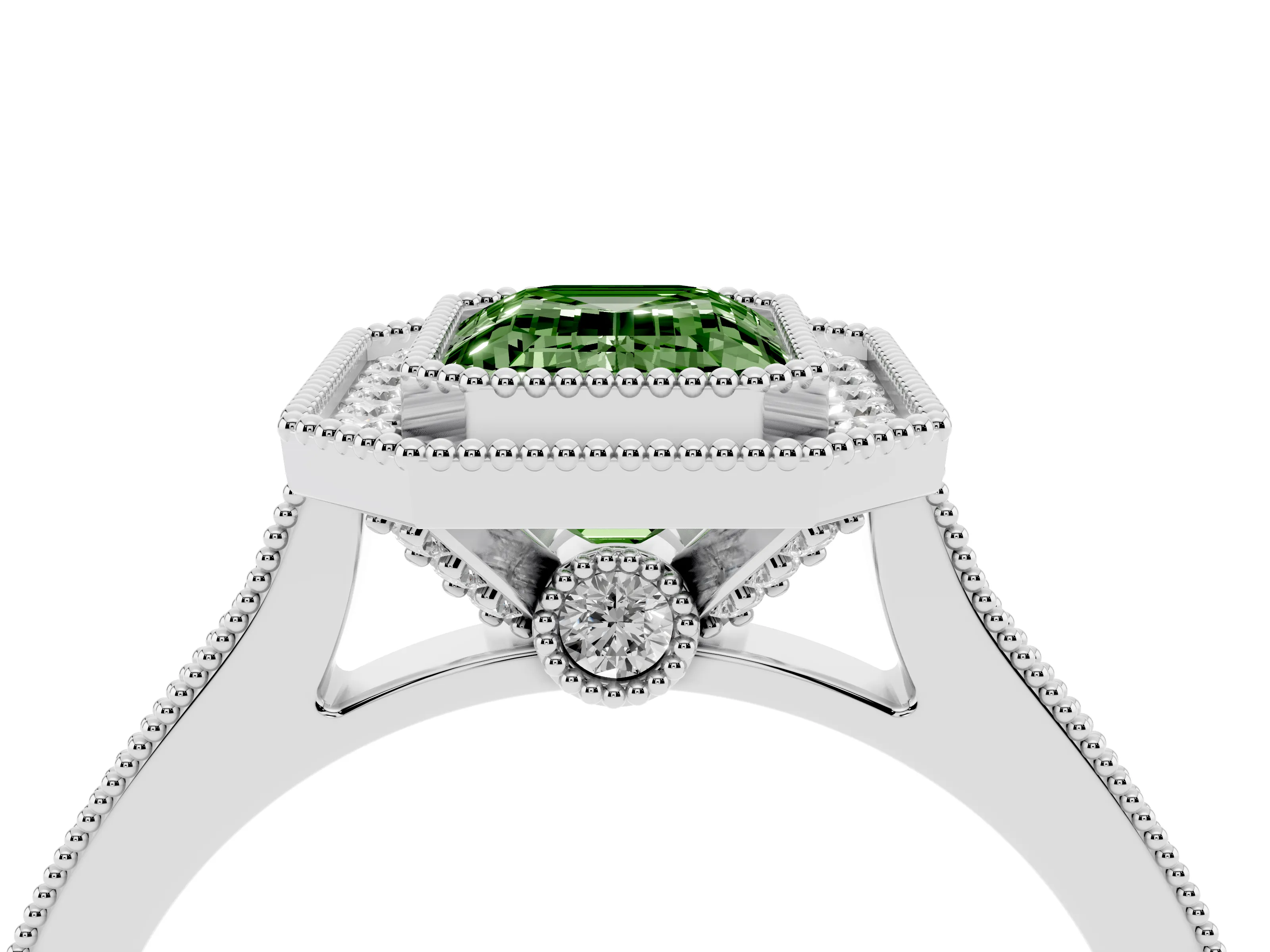 Fancy Green Emerald Cut Diamond Halo Milgrain Pavé Band Ring Set in White gold with Prong Setting