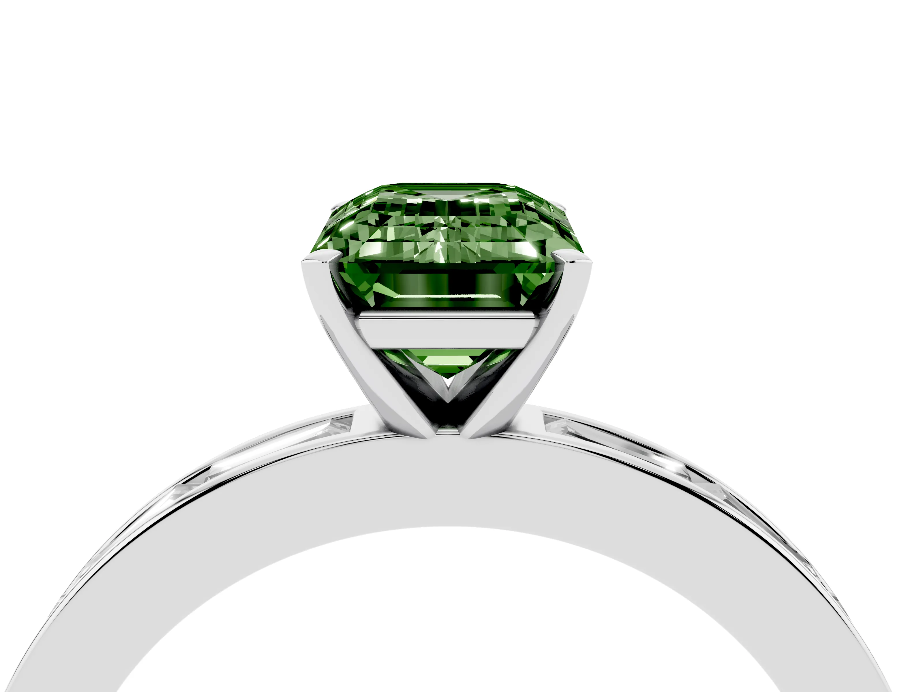 Fancy Green Emerald Cut Diamond Solitaire Ring Set in Platinum with Channel-Set Baguette Band and Prong Setting