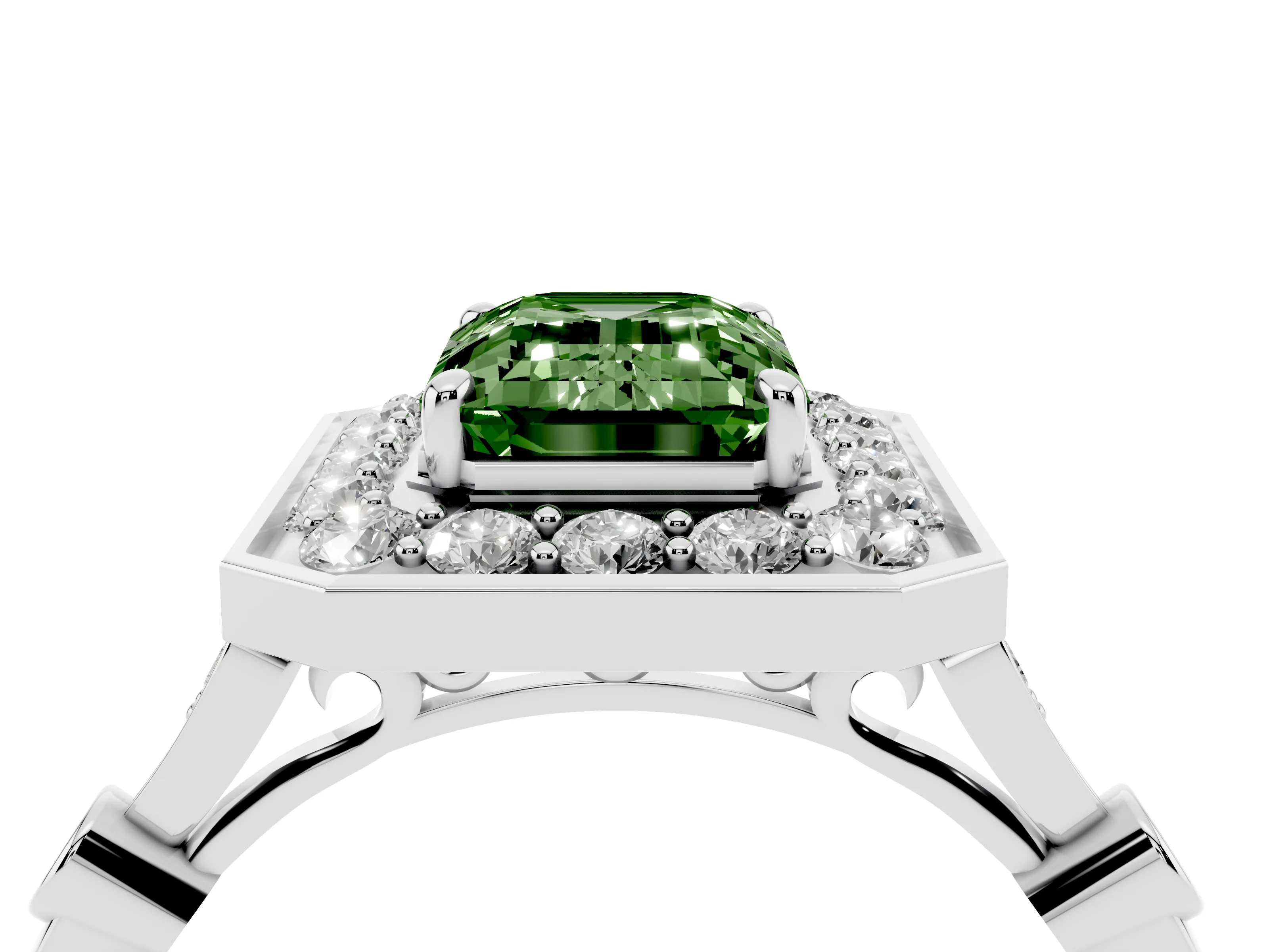 Fancy Green Emerald Cut Diamond Halo Engagement Ring Set in Platinum with Twisted Band and Prong Setting