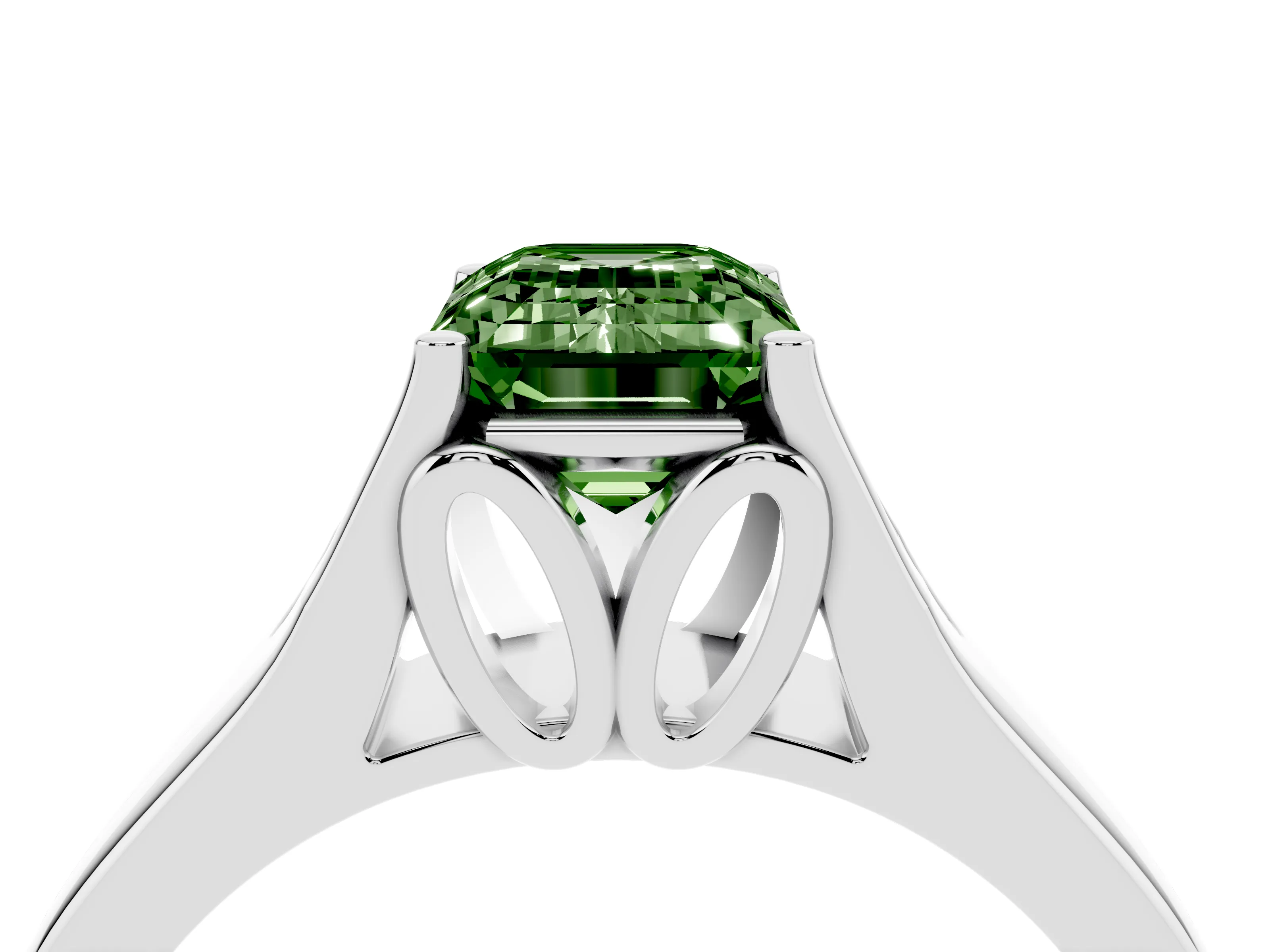 Fancy Green Emerald Cut Diamond Solitaire Ring Set in White gold with Arched Cathedral Band and Prong Setting