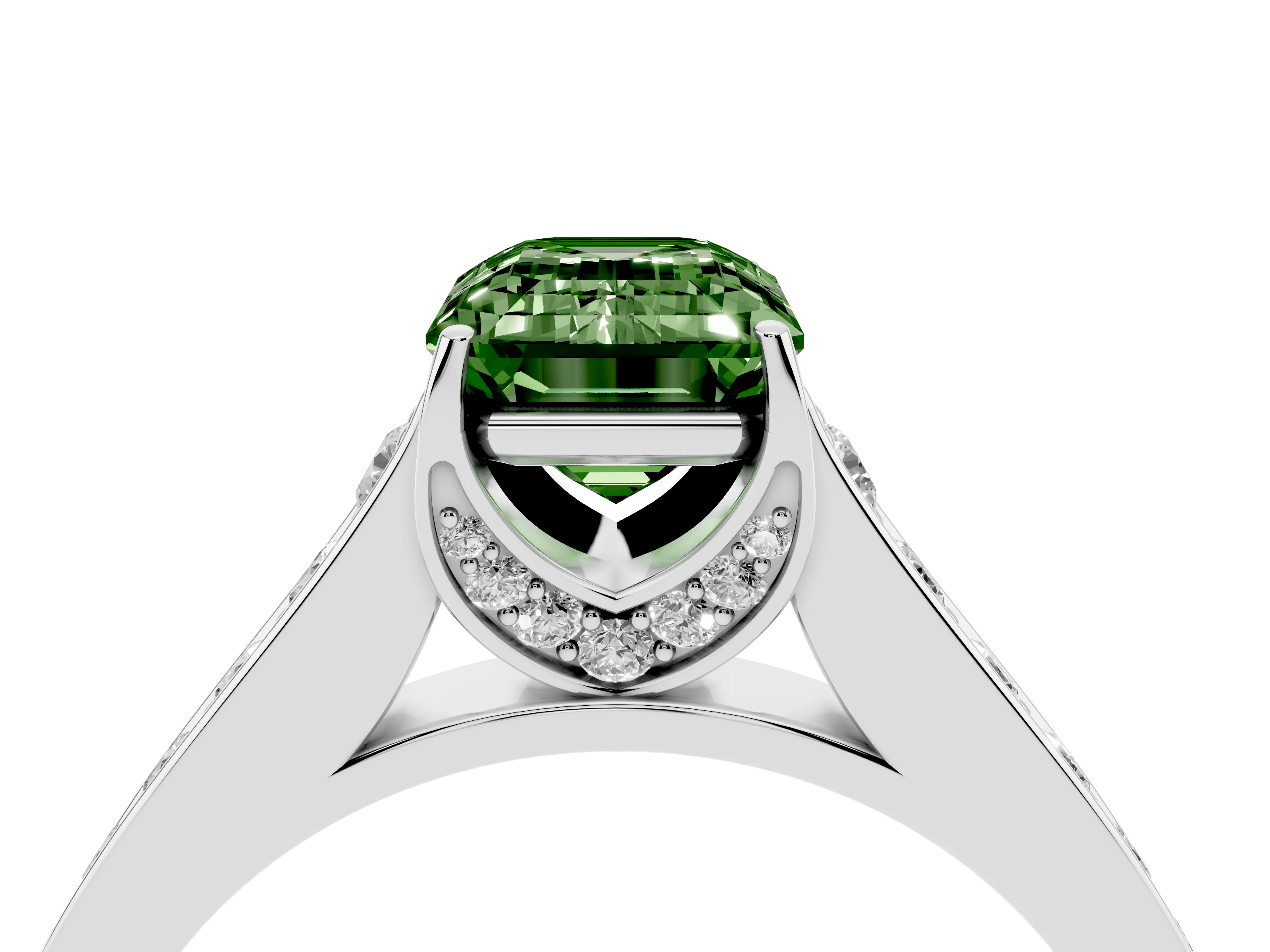 Fancy Green Emerald Cut Diamond Solitaire Pavé Engagement Ring Set in White gold with Prong Setting
