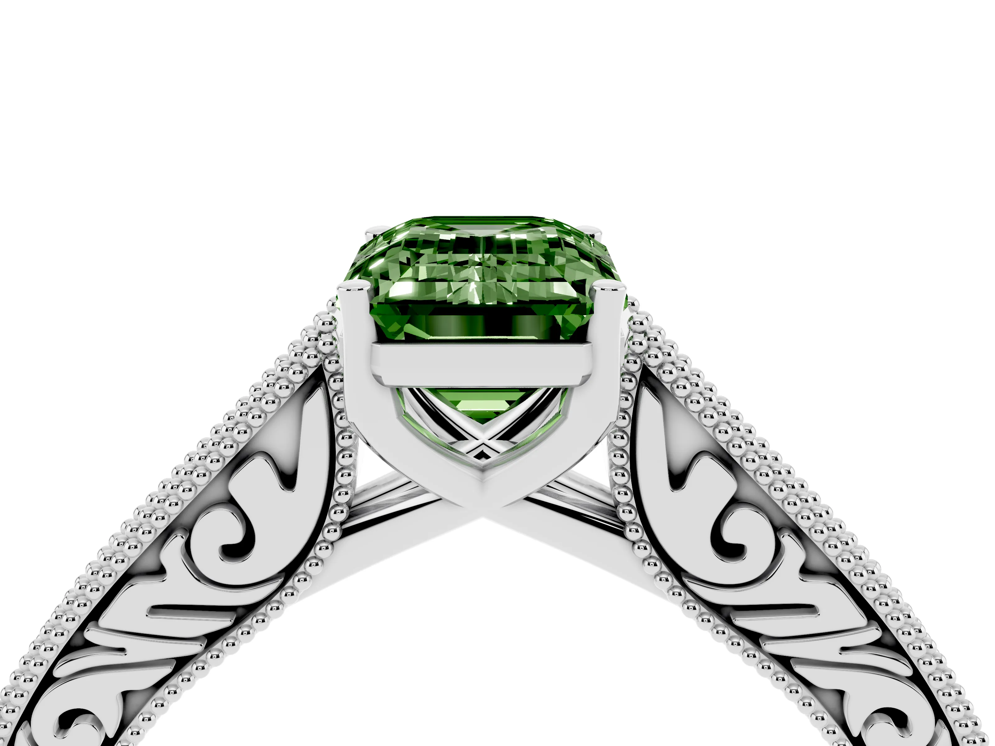 Fancy Green Emerald Cut Diamond Milgrain Pavé Band Solitaire Ring Set in Silver with Prong Setting