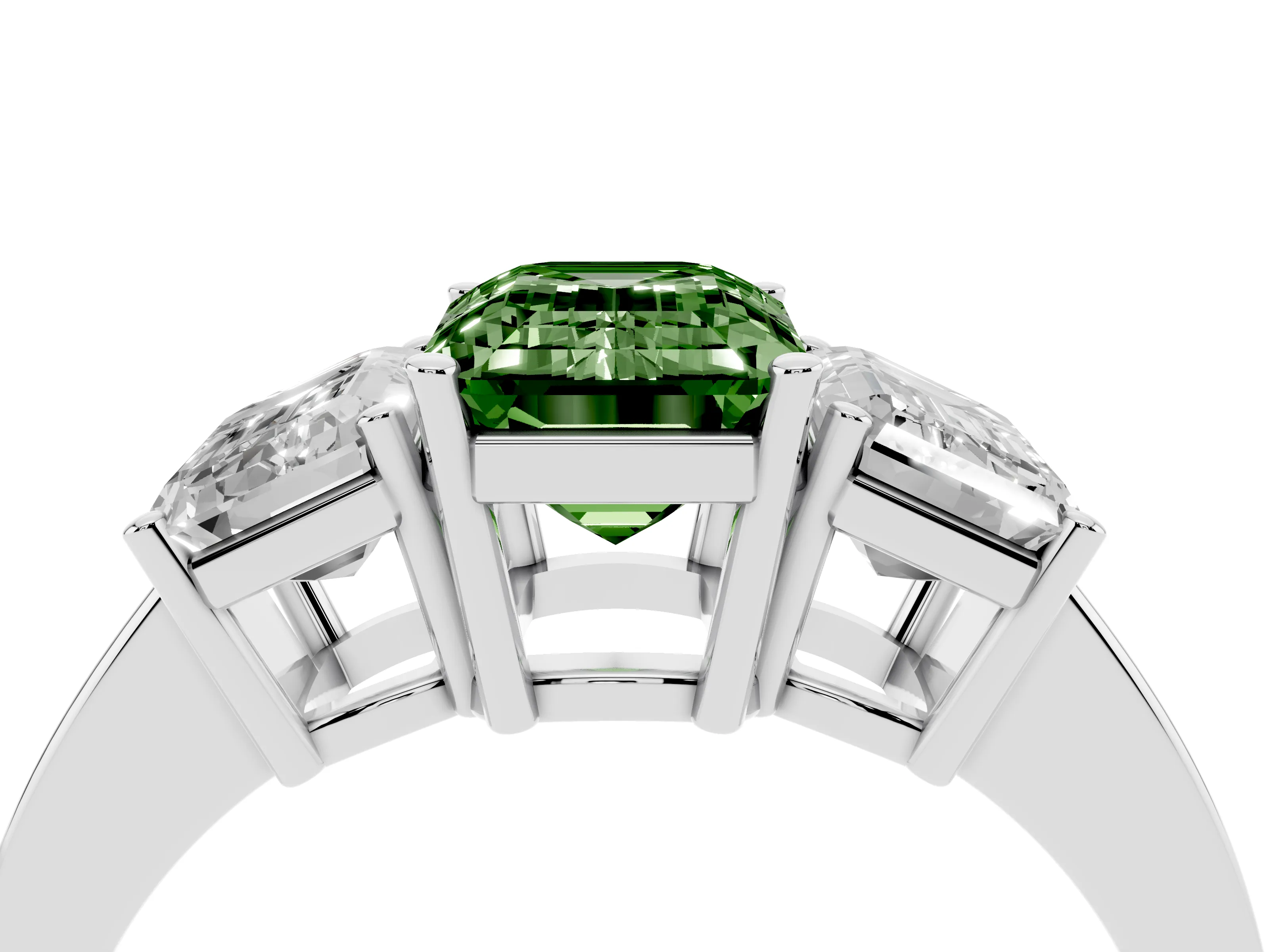 Fancy Green Emerald Cut Diamond Three-Stone Engagement Ring Set in Silver with Flat Band