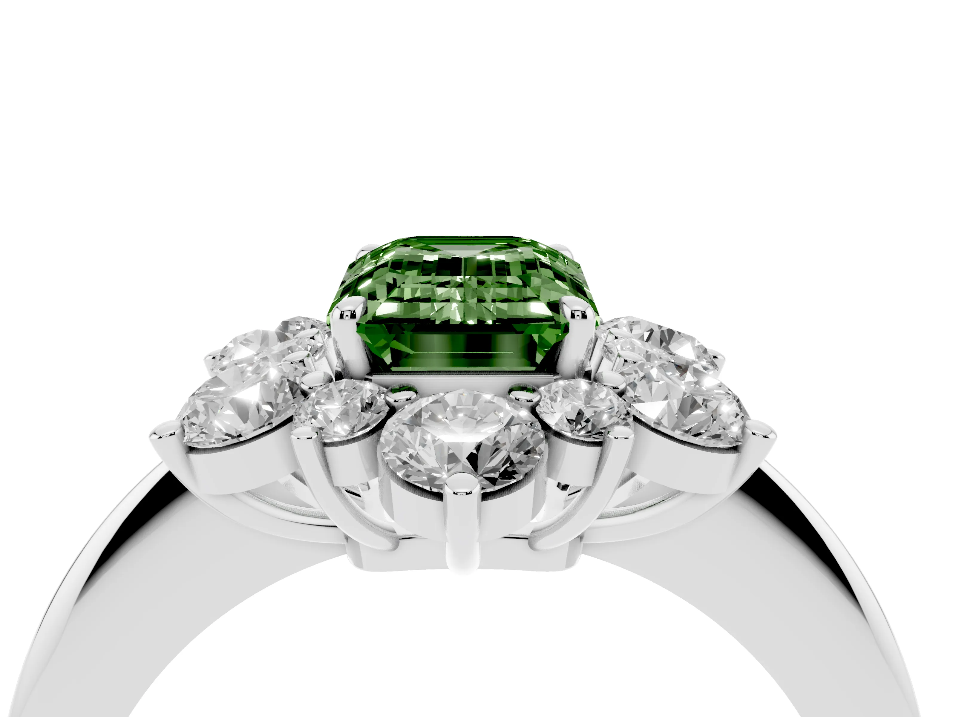 Fancy Green Emerald Cut Diamond Cluster Halo Ring Set in White gold with Solitaire Band and Prong Setting