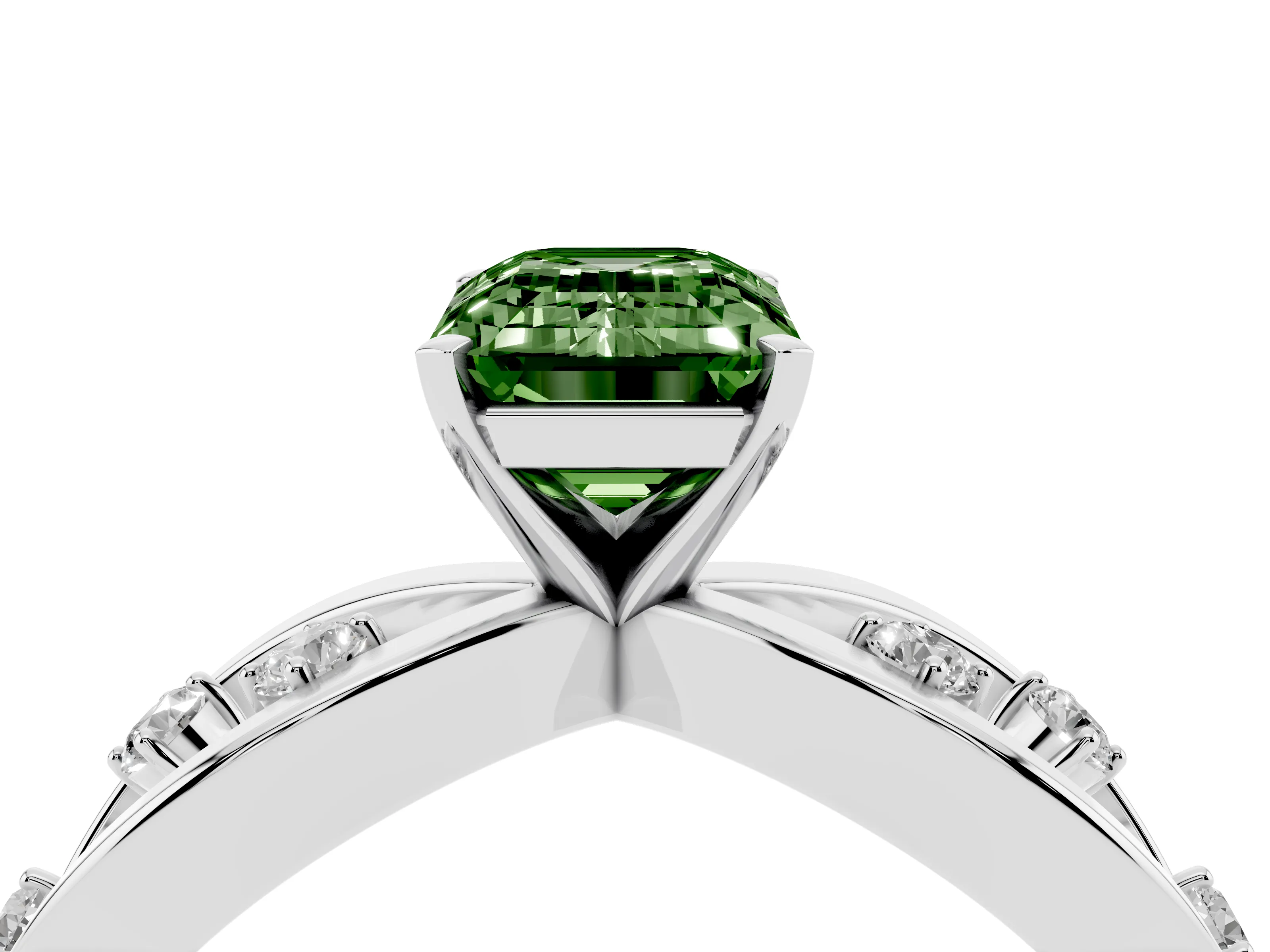 Fancy Green Emerald Cut Diamond Solitaire Ring Set in Platinum with Side Stones on Criss-Cross Band and Prong Setting