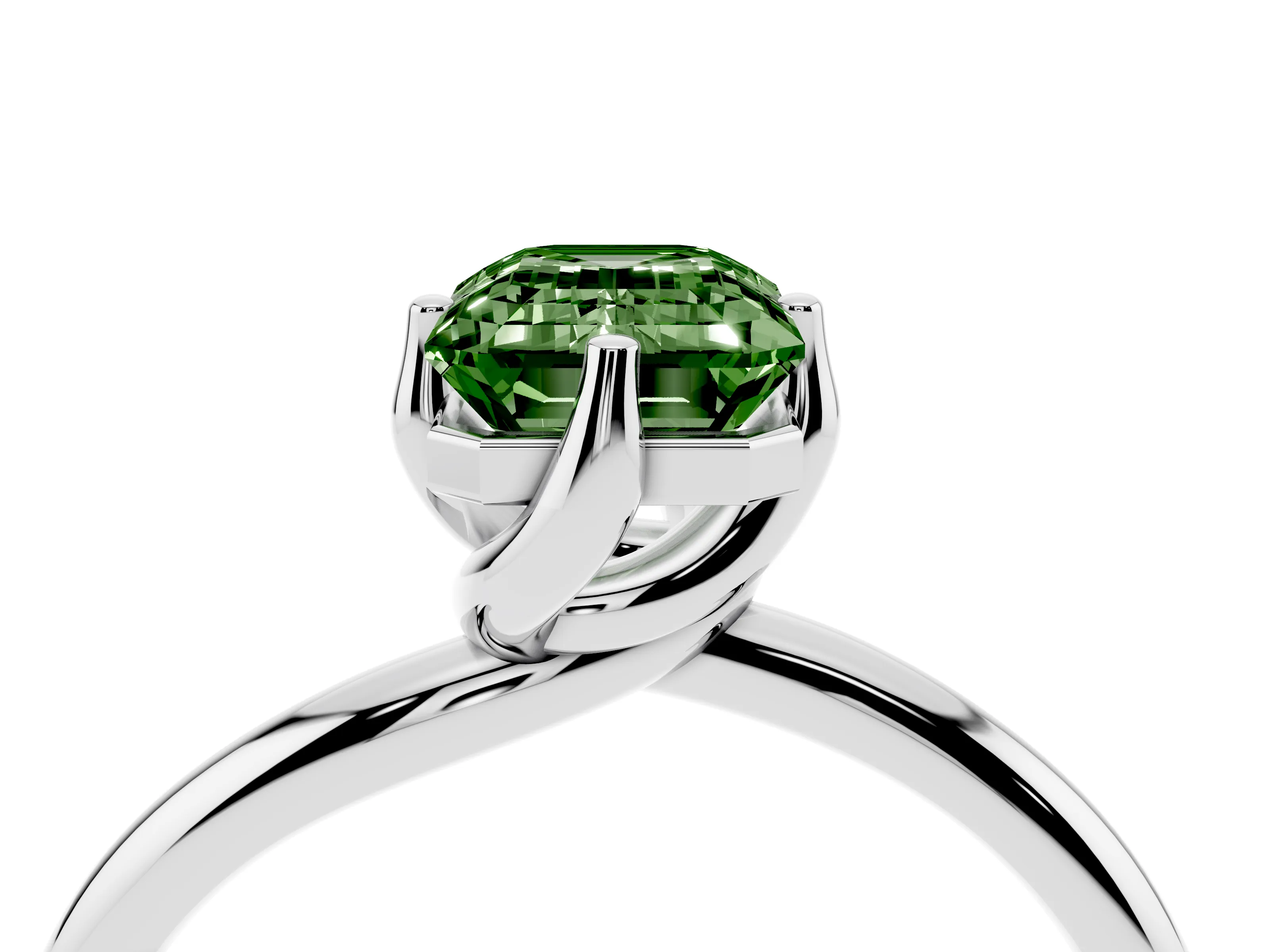 Fancy Green Emerald Cut Diamond Solitaire Engagement Ring Set in White gold with Classic Plain Band