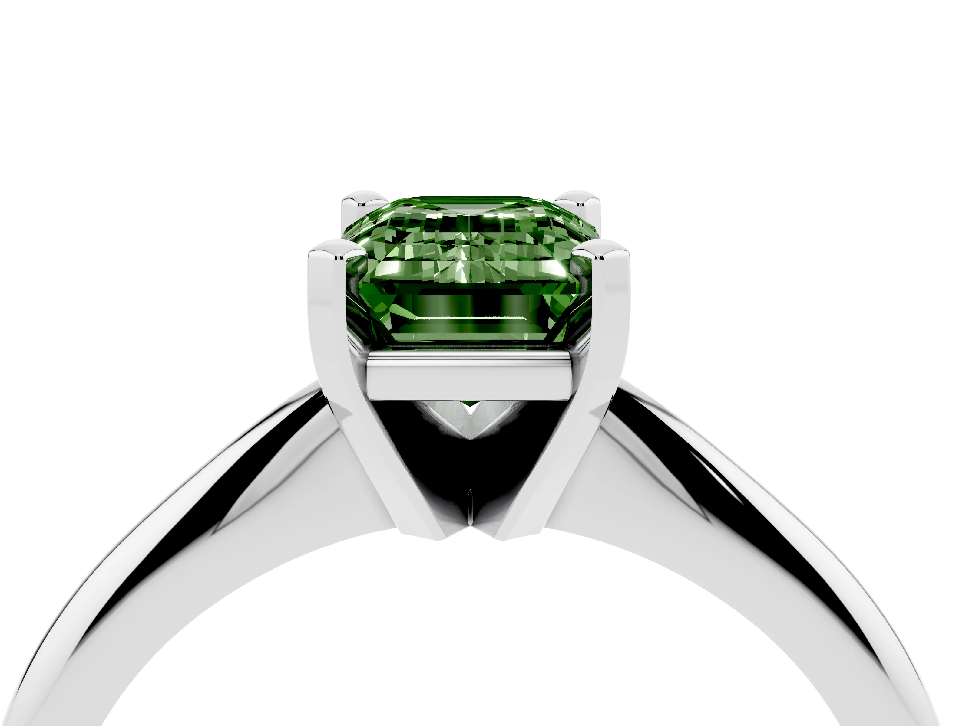 Fancy Green Emerald Cut Diamond Solitaire Ring Set in Platinum with Prong Setting on a Plain Round Band