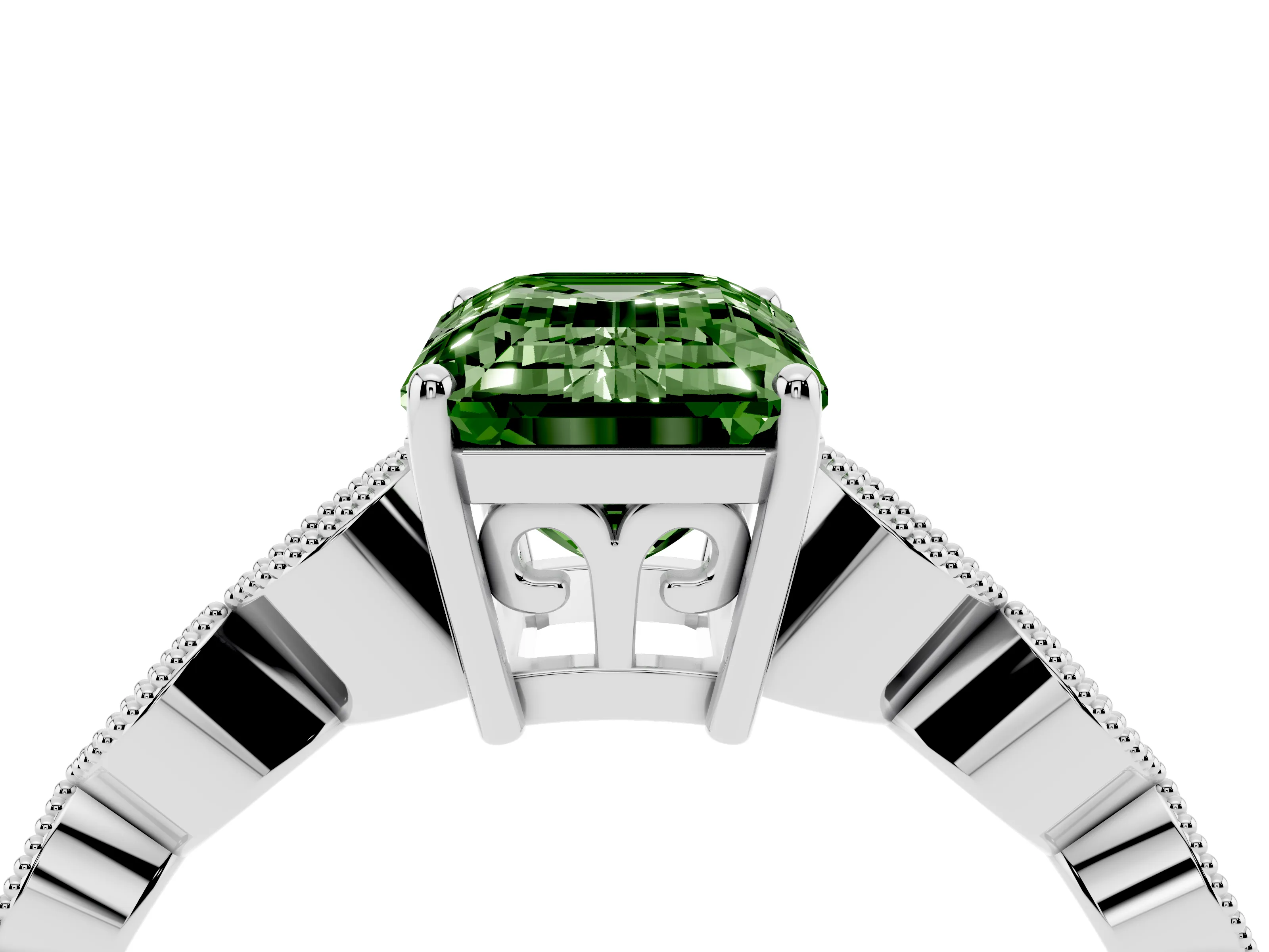 Fancy Green Emerald Cut Diamond Solitaire Ring Set in Platinum with Infinity Twist Pavé Band