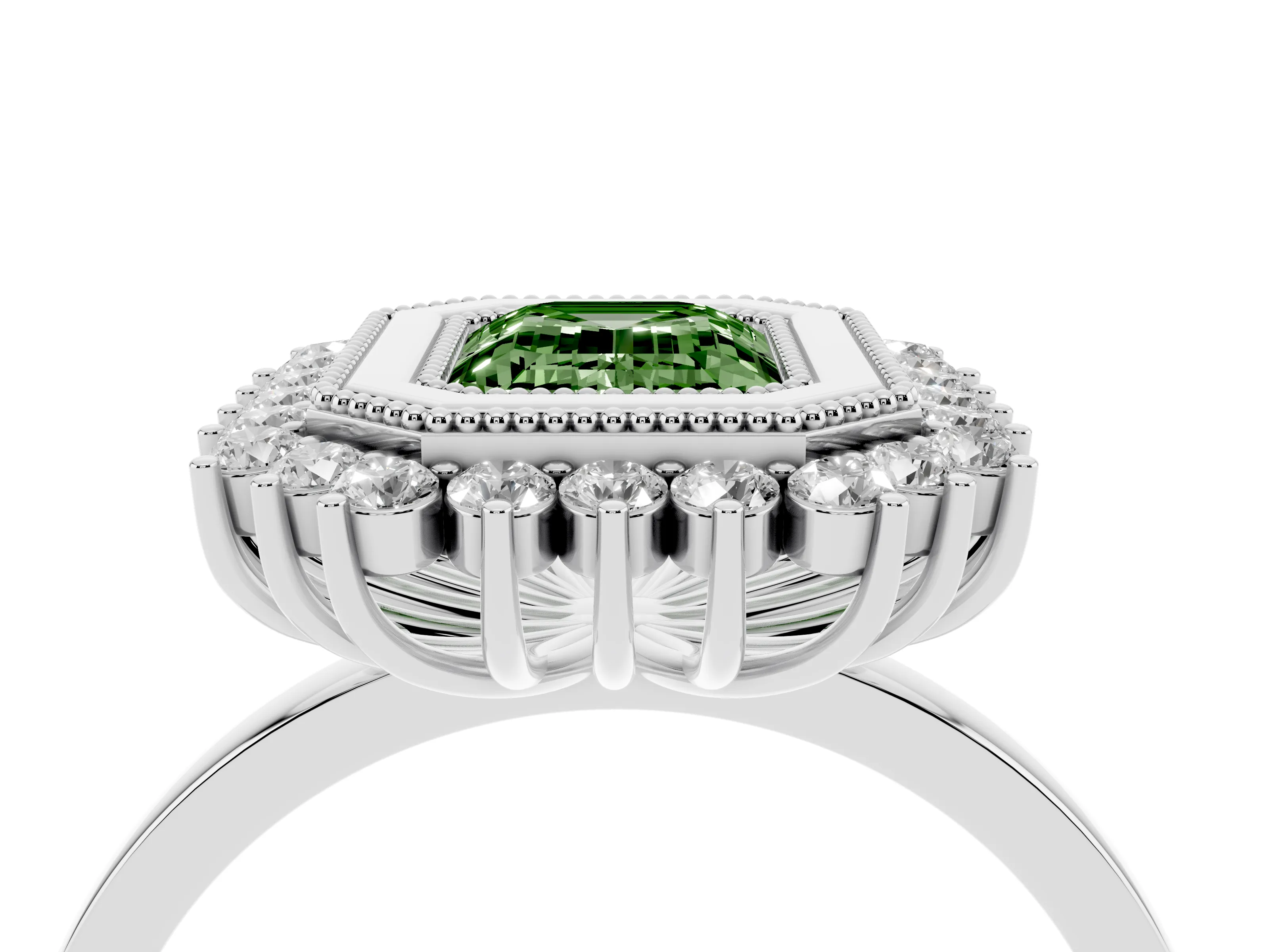 Fancy Green Emerald Cut Diamond Halo Ring Set in Silver with Milgrain Edge and Round Prong Setting
