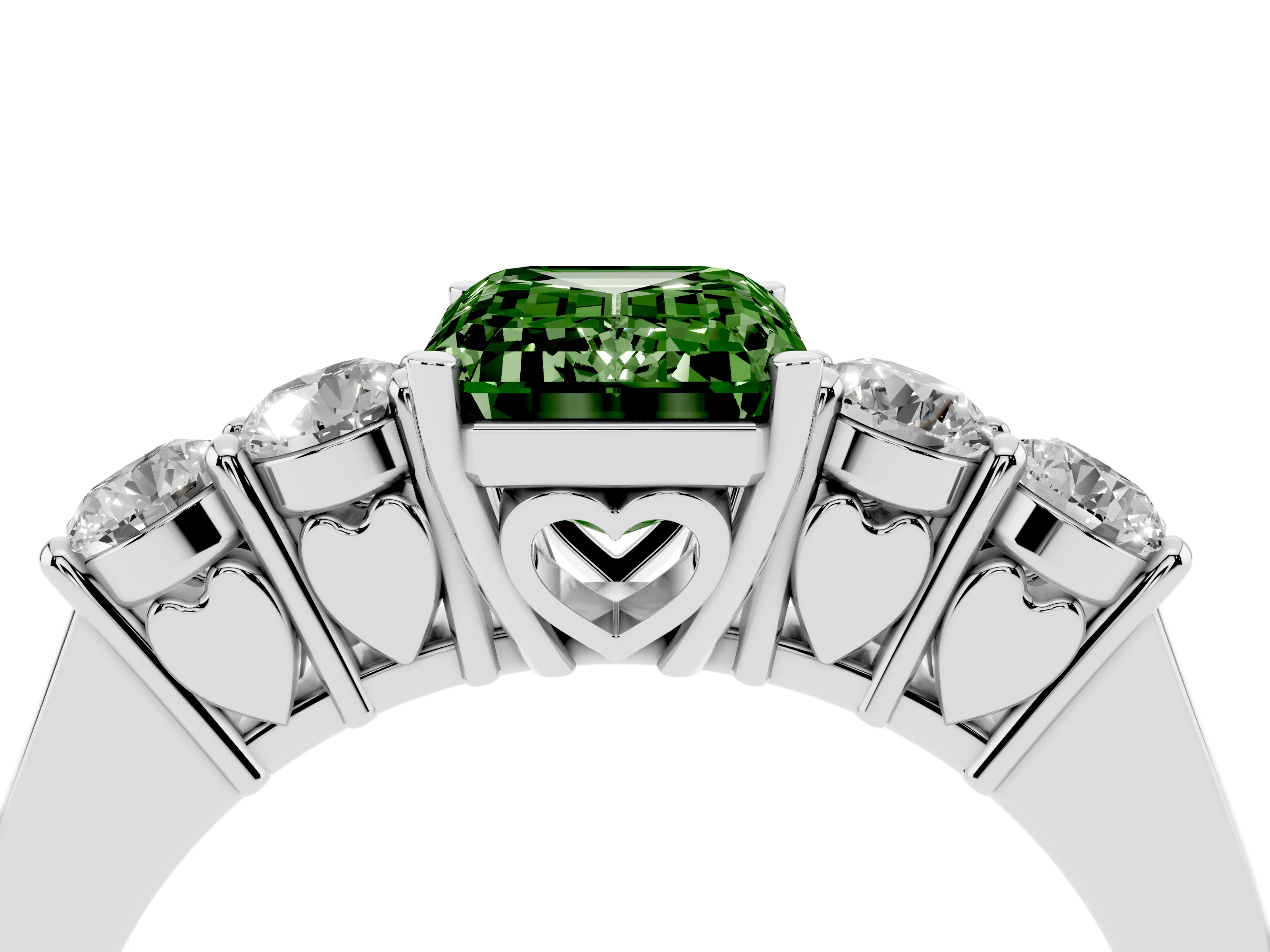 Fancy Green Emerald Cut Diamond Five-Stone Prong Set Band Ring Set in White gold with Polished Band