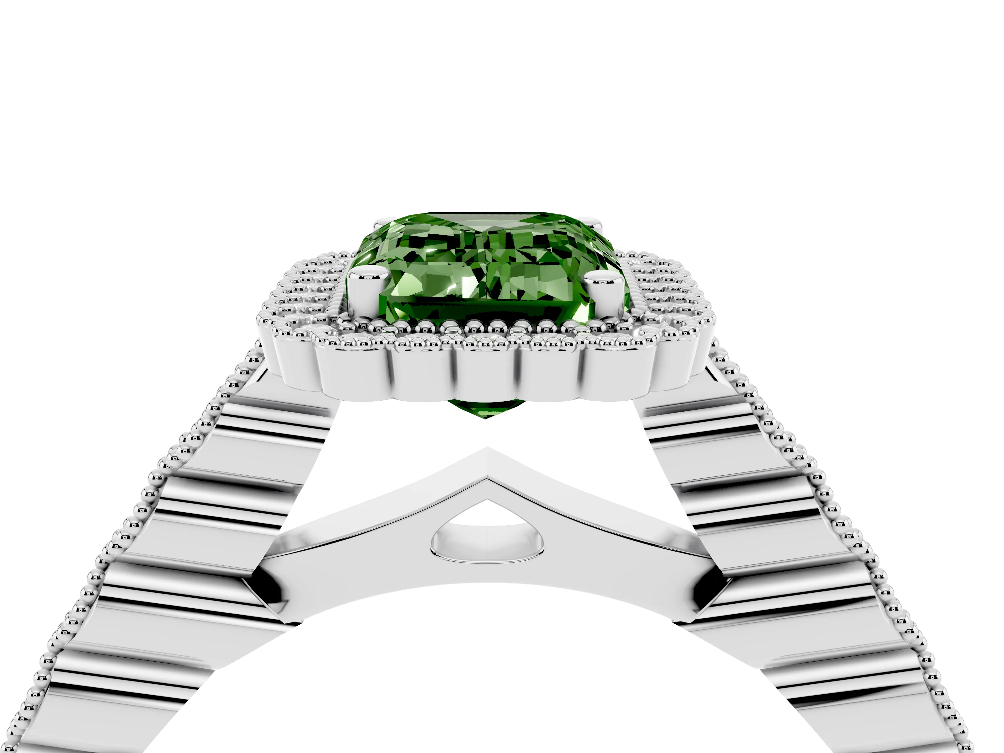 Fancy Green Emerald Cut Diamond Halo Ring Set in White gold with Pavé Milgrain Band