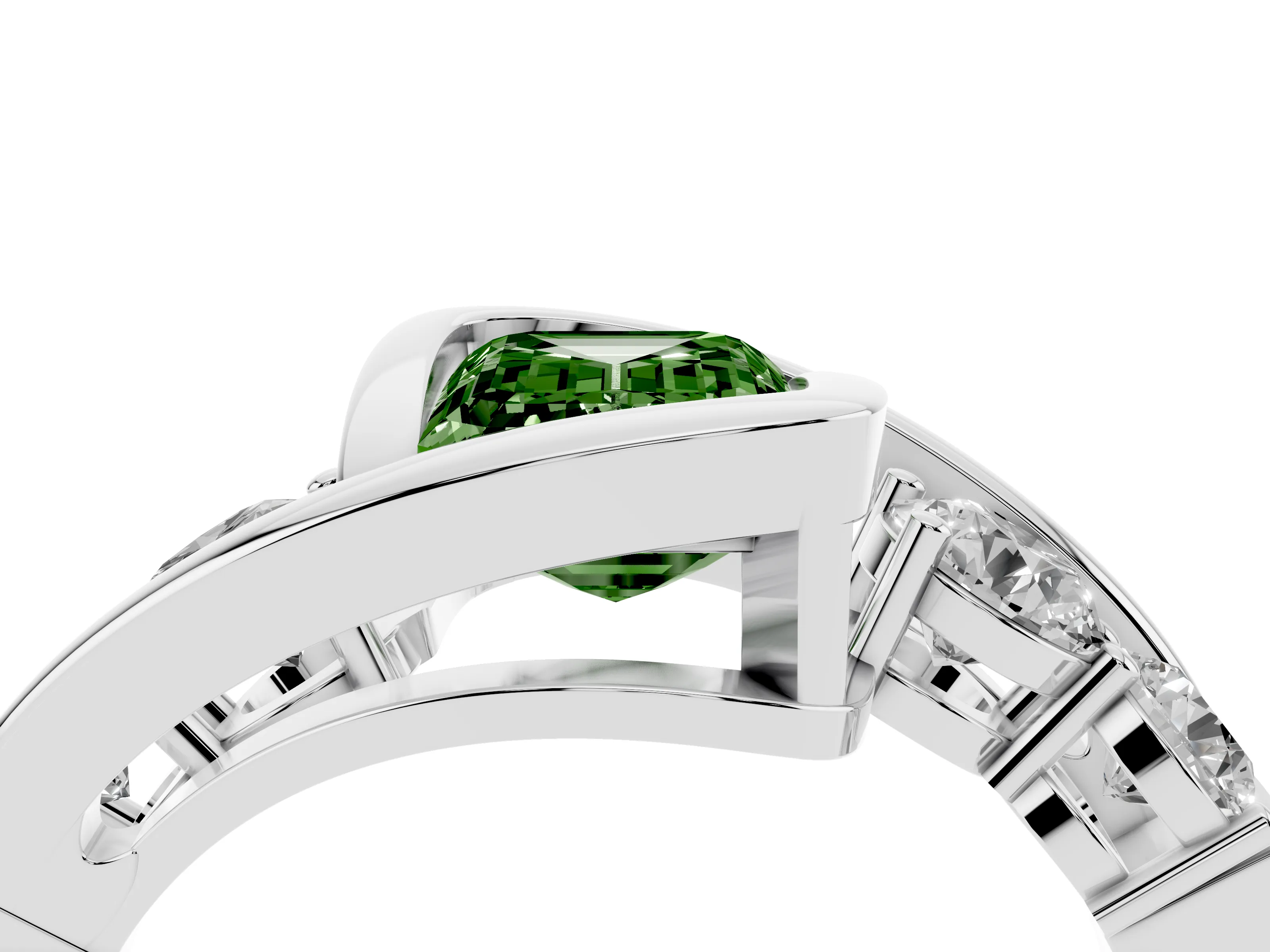 Fancy Green Emerald Cut Diamond Bezel Bypass Ring Set in Silver with Round Accents