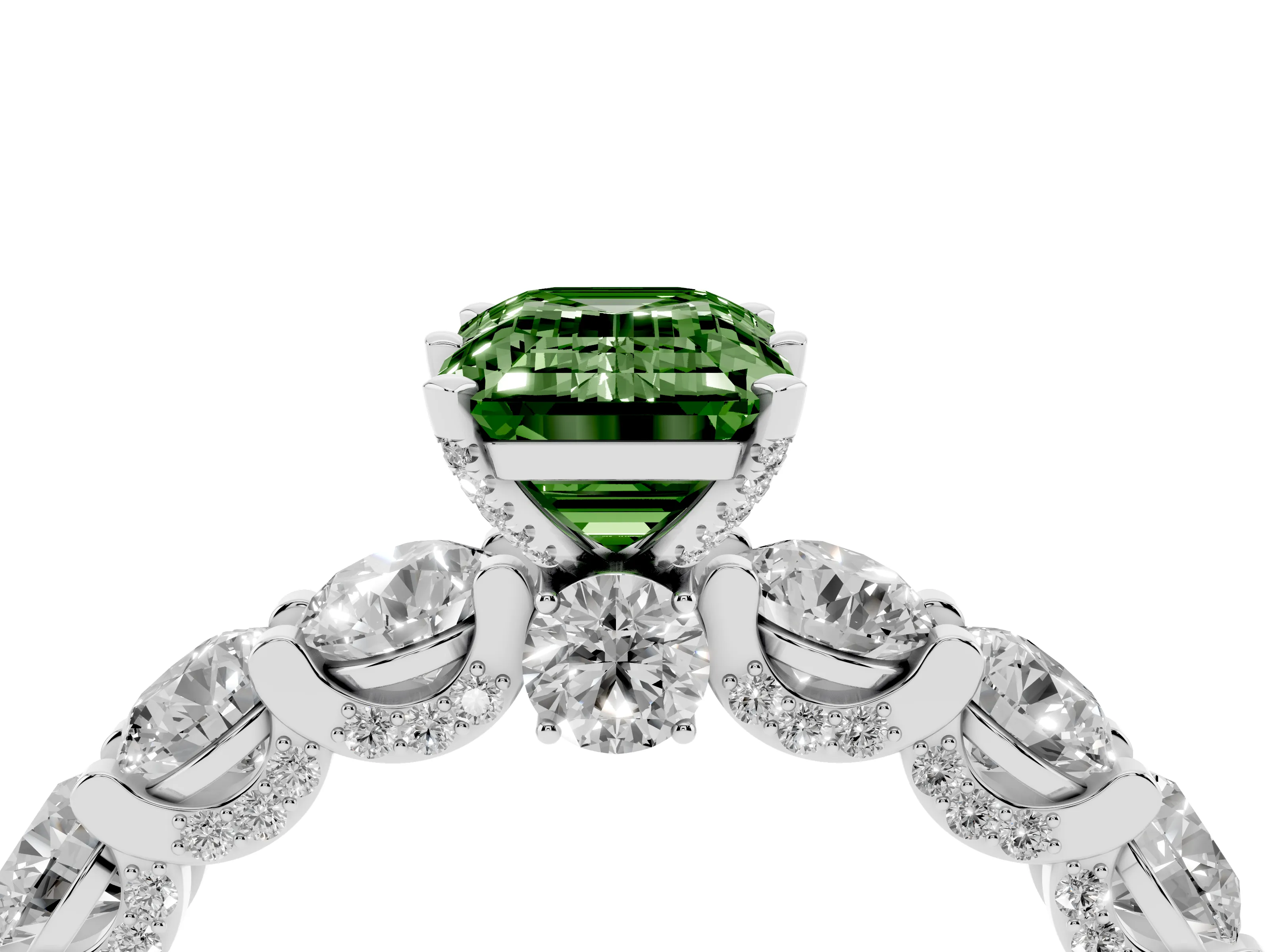Fancy Green Emerald Cut Diamond Side Stone Ring Set in Platinum with Alternating Round and Oval Side Stones