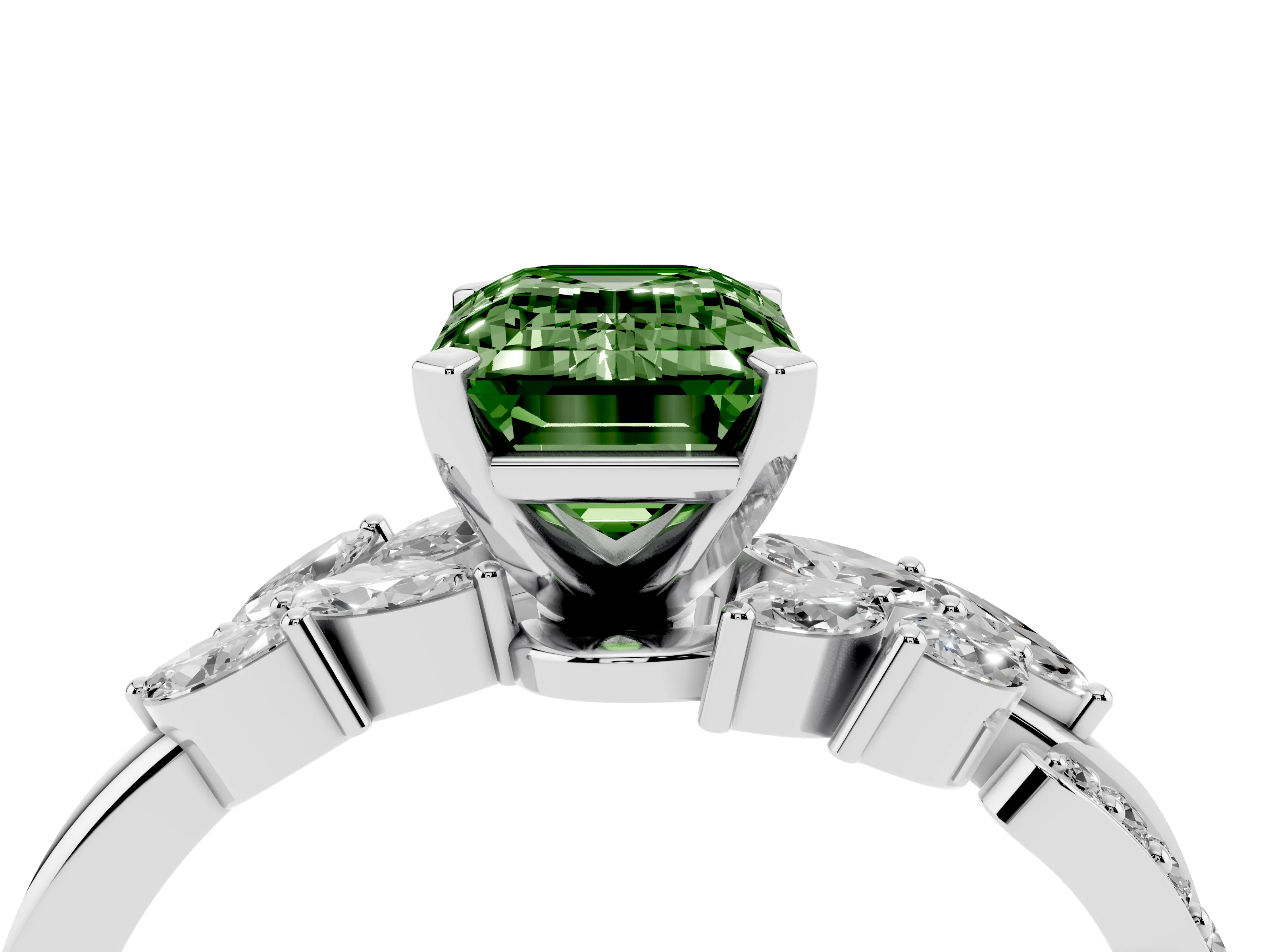 Fancy Green Emerald Cut Diamond Solitaire Ring Set in White gold with Marquise Twist Band and Prong Setting