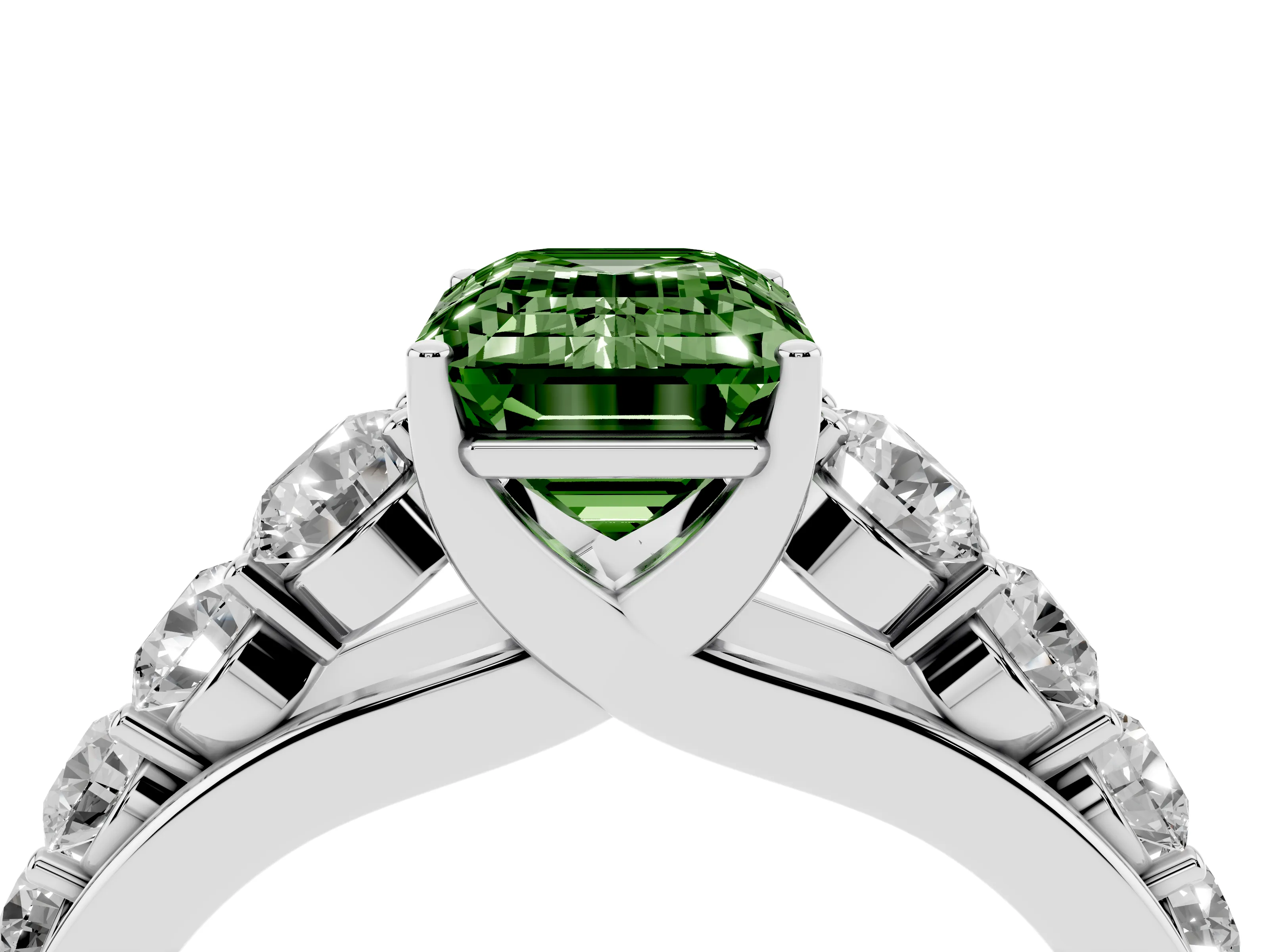 Fancy Green Emerald Cut Diamond Solitaire Ring Set in Platinum with Pavé-Set Band and Prong Setting
