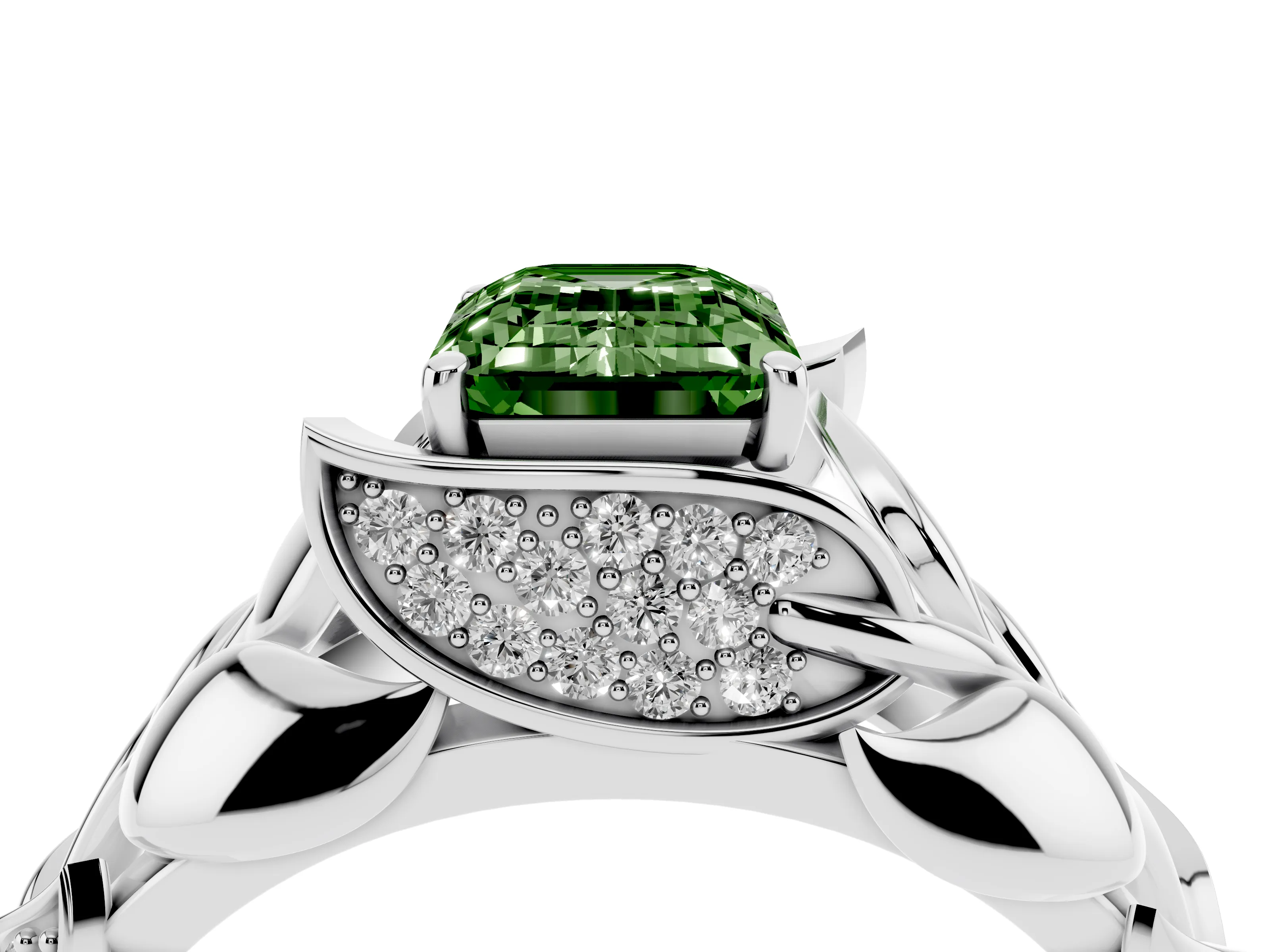 Fancy Green Emerald Cut Diamond Leaf-Inspired Engagement Ring Set in White gold with Round Accents