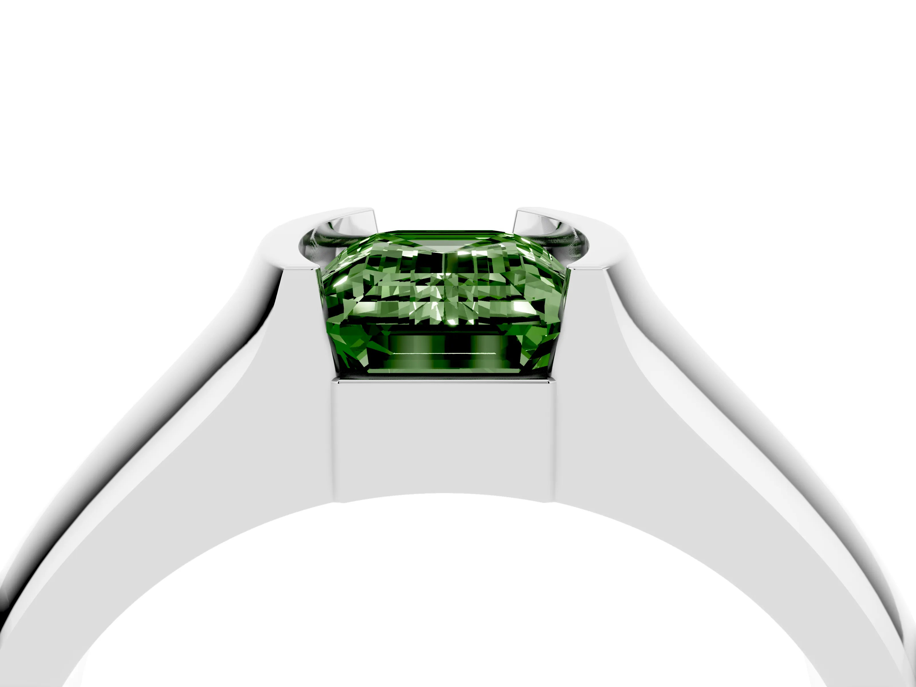 Fancy Green Emerald Cut Diamond Bezel Solitaire Ring Set in Silver with Wide Band